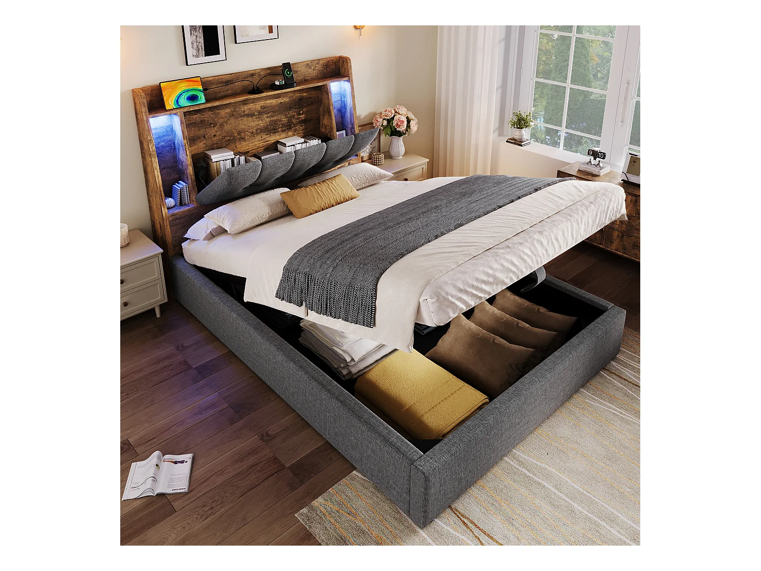 Lit coffre rembourré - 90 x 200 cm - avec USB + Leds + tête de lit de rangement - lin - gris