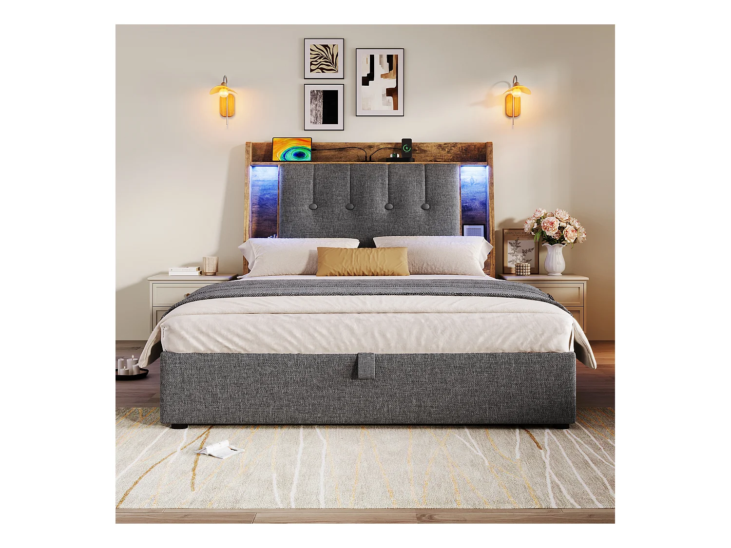 Lit coffre rembourré - 90 x 200 cm - avec USB + Leds + tête de lit de rangement - lin - gris