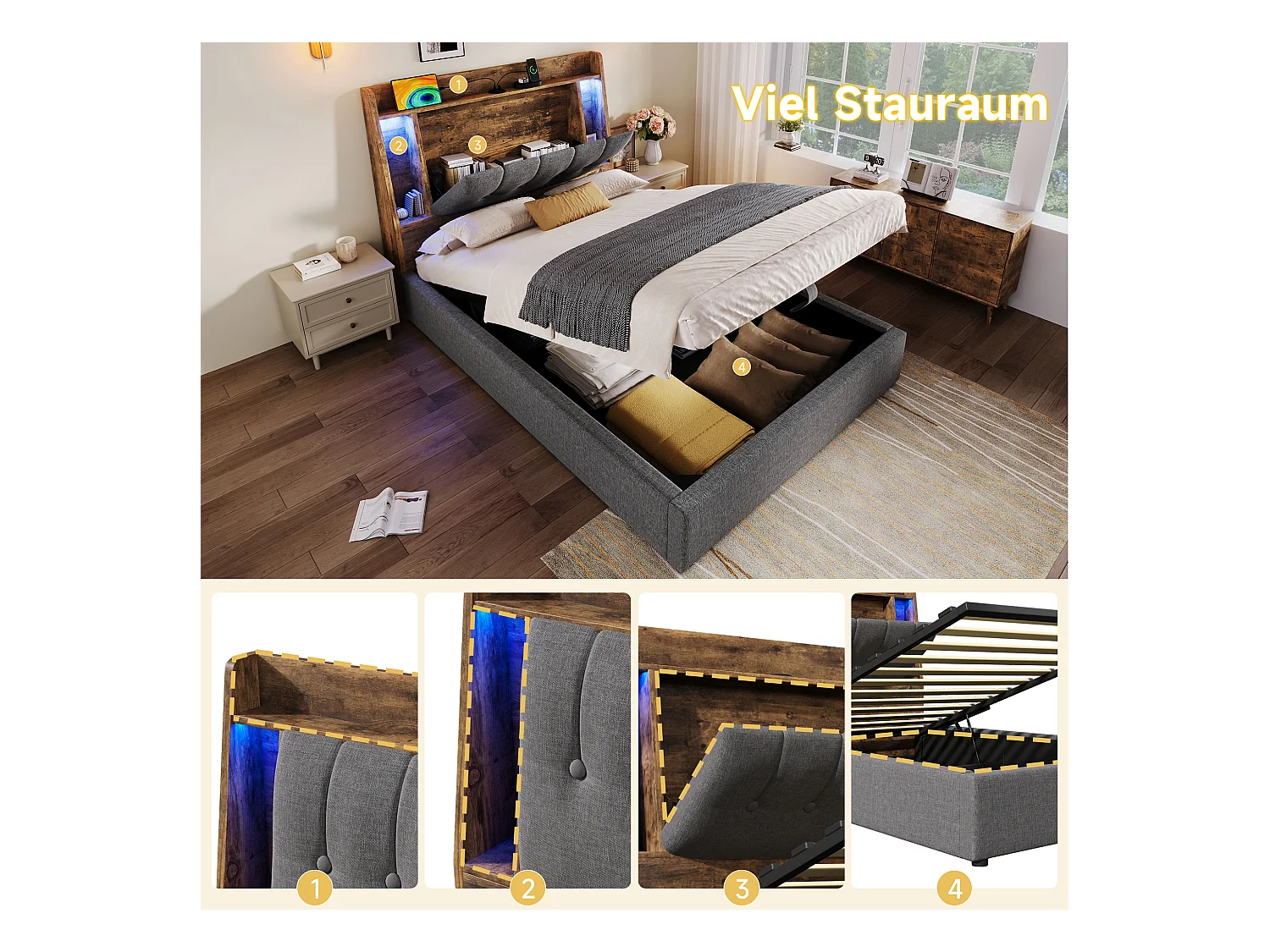 Lit coffre rembourré - 90 x 200 cm - avec USB + Leds + tête de lit de rangement - lin - gris