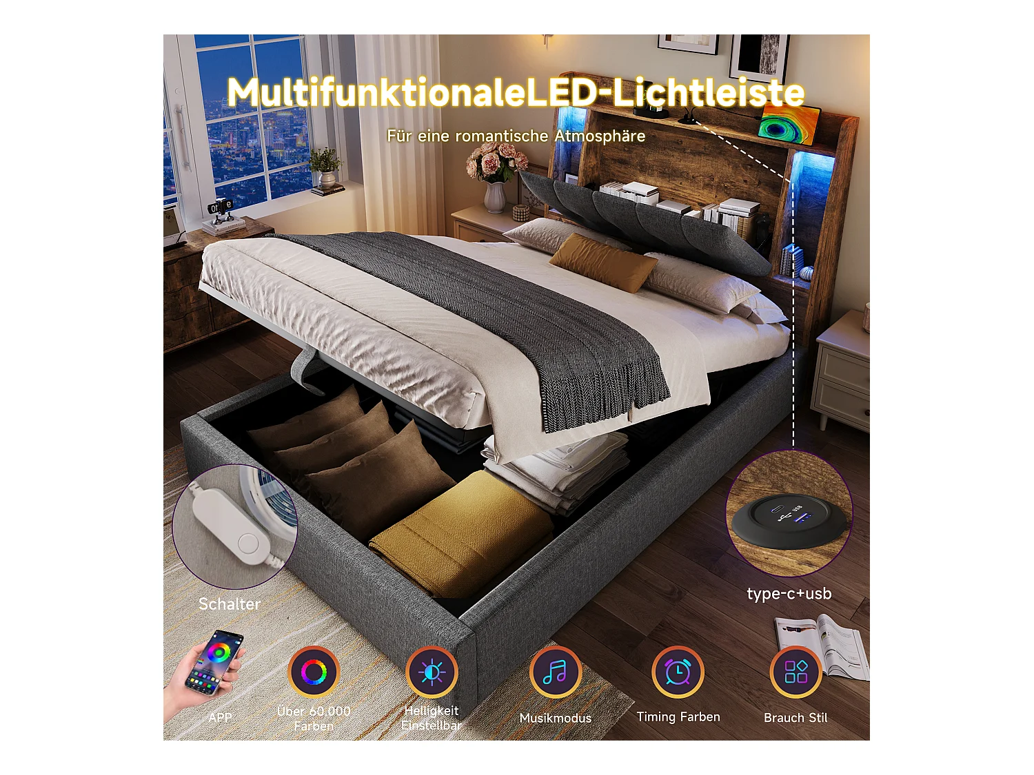 Lit coffre rembourré - 90 x 200 cm - avec USB + Leds + tête de lit de rangement - lin - gris