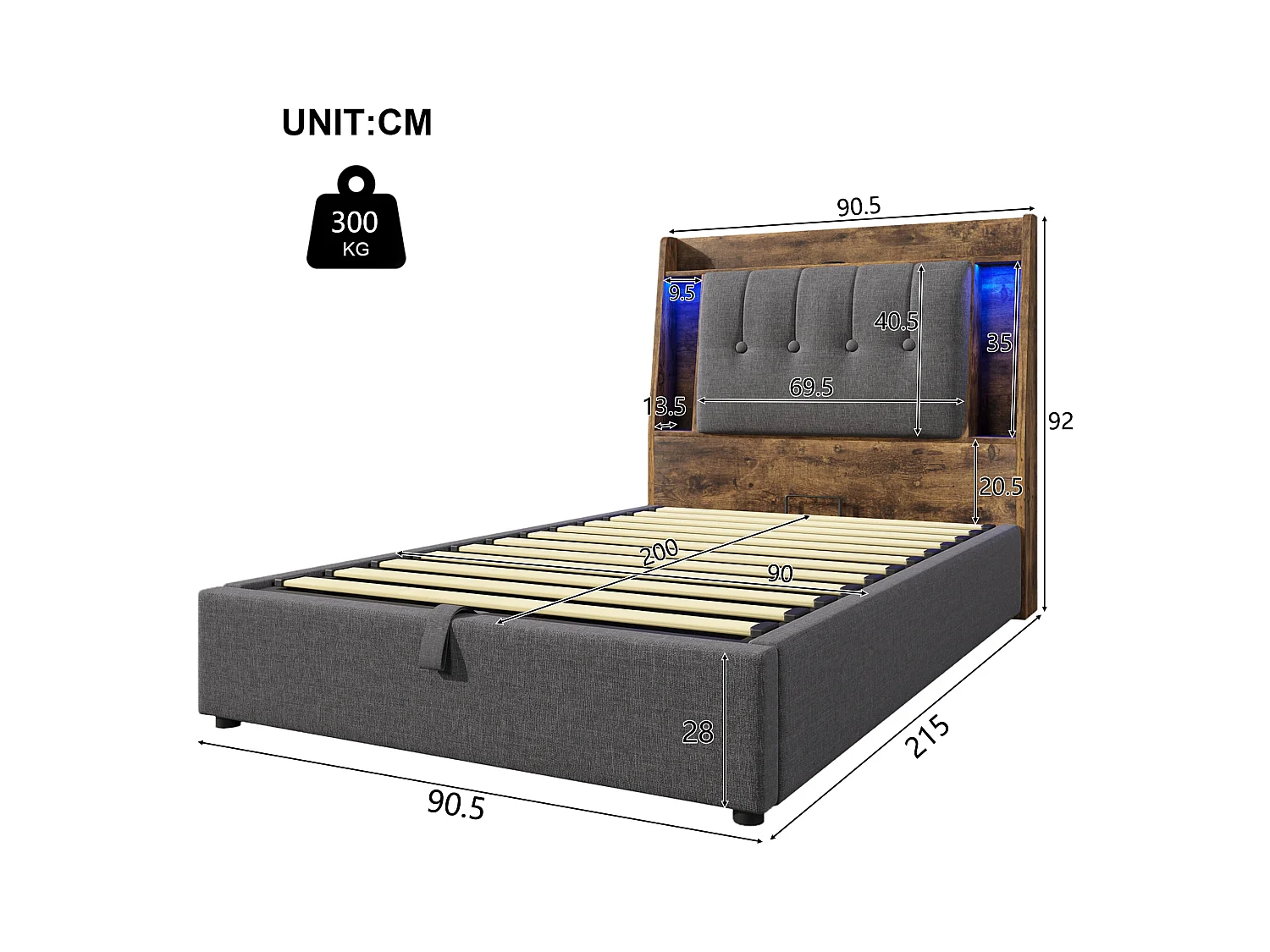 Lit coffre rembourré - 90 x 200 cm - avec USB + Leds + tête de lit de rangement - lin - gris