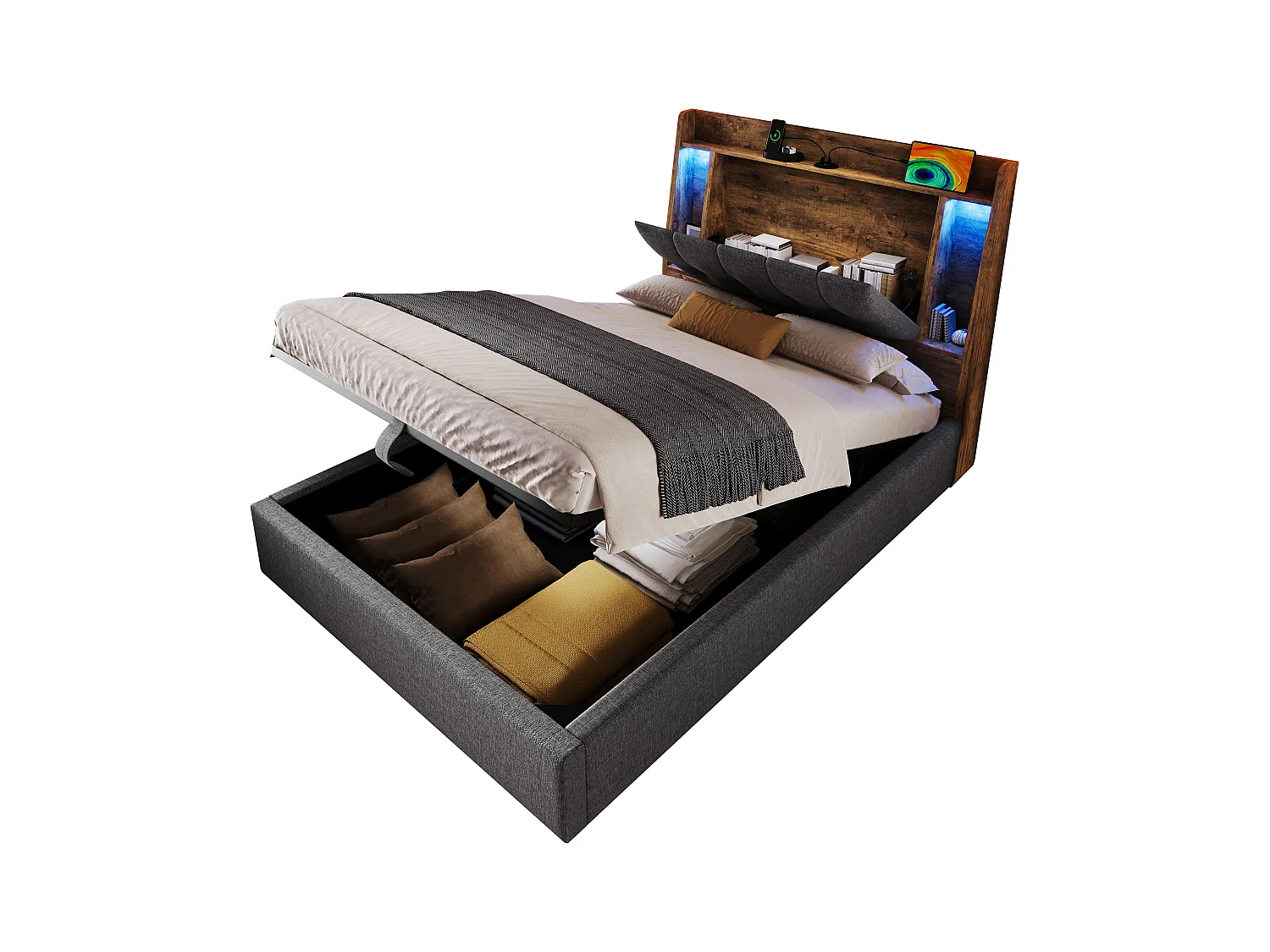 Lit coffre rembourré - 90 x 200 cm - avec USB + Leds + tête de lit de rangement - lin - gris