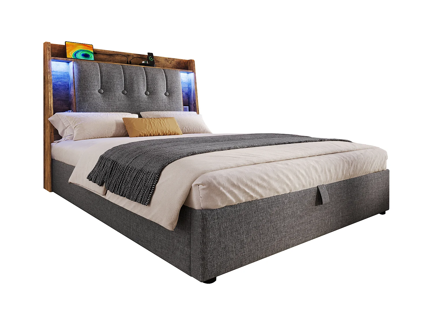 Lit coffre rembourré - 90 x 200 cm - avec USB + Leds + tête de lit de rangement - lin - gris