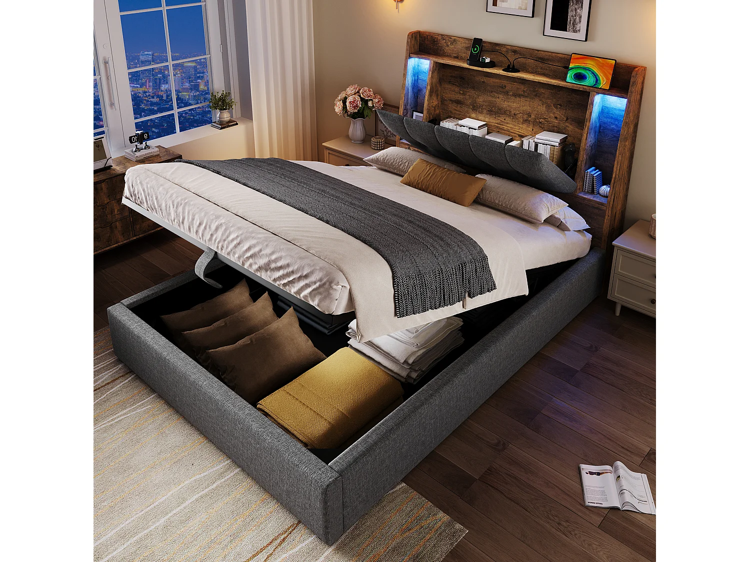 Gepolstertes Bett mit Stauraum – 90 x 200 cm – mit USB-Anschluss, LED-Beleuchtung und Stauraum im Kopfteil – Leinen – grau