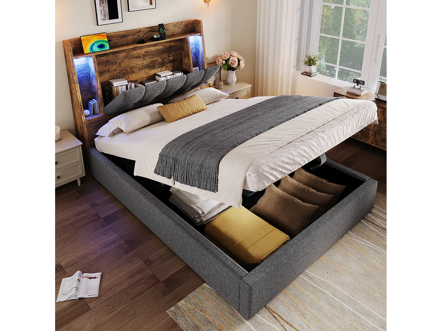 Gepolstertes Bett mit Stauraum – 90 x 200 cm – mit USB-Anschluss, LED-Beleuchtung und Stauraum im Kopfteil – Leinen – grau