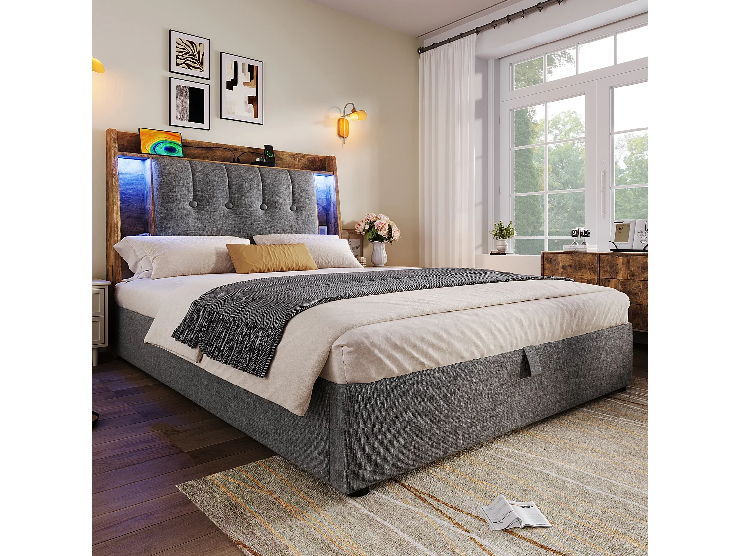 Gepolstertes Bett mit Stauraum – 90 x 200 cm – mit USB-Anschluss, LED-Beleuchtung und Stauraum im Kopfteil – Leinen – grau