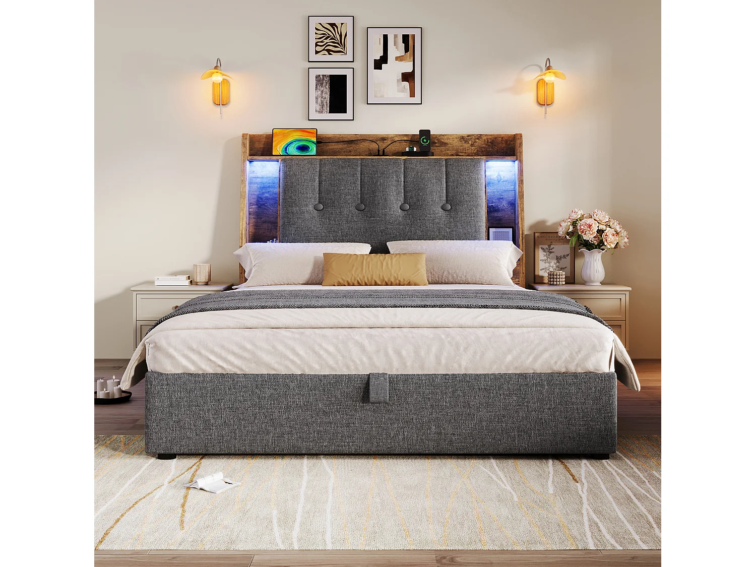 Gepolstertes Bett mit Stauraum – 90 x 200 cm – mit USB-Anschluss, LED-Beleuchtung und Stauraum im Kopfteil – Leinen – grau