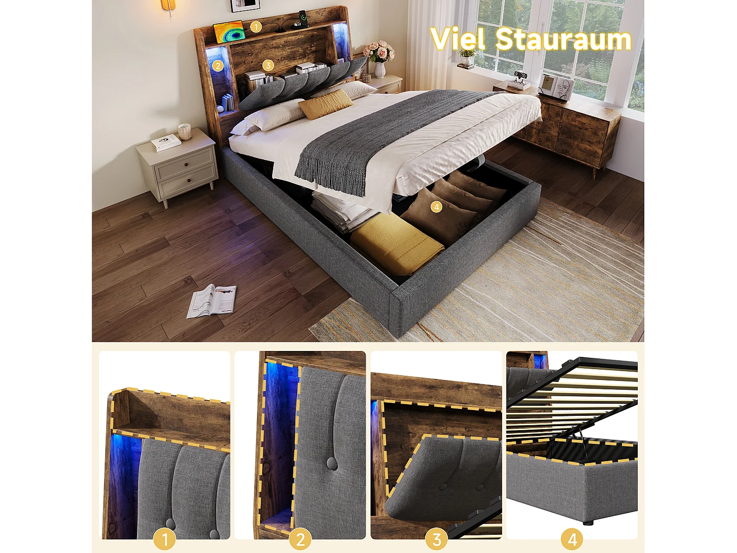 Gepolstertes Bett mit Stauraum – 90 x 200 cm – mit USB-Anschluss, LED-Beleuchtung und Stauraum im Kopfteil – Leinen – grau