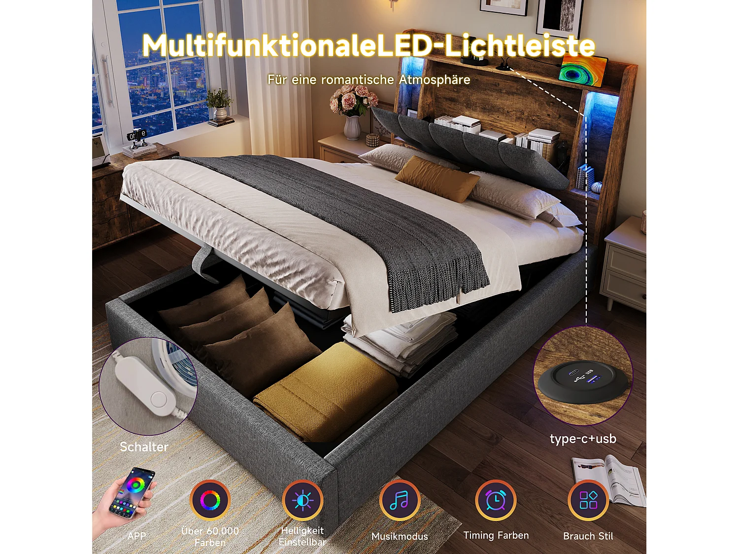 Gepolstertes Bett mit Stauraum – 90 x 200 cm – mit USB-Anschluss, LED-Beleuchtung und Stauraum im Kopfteil – Leinen – grau