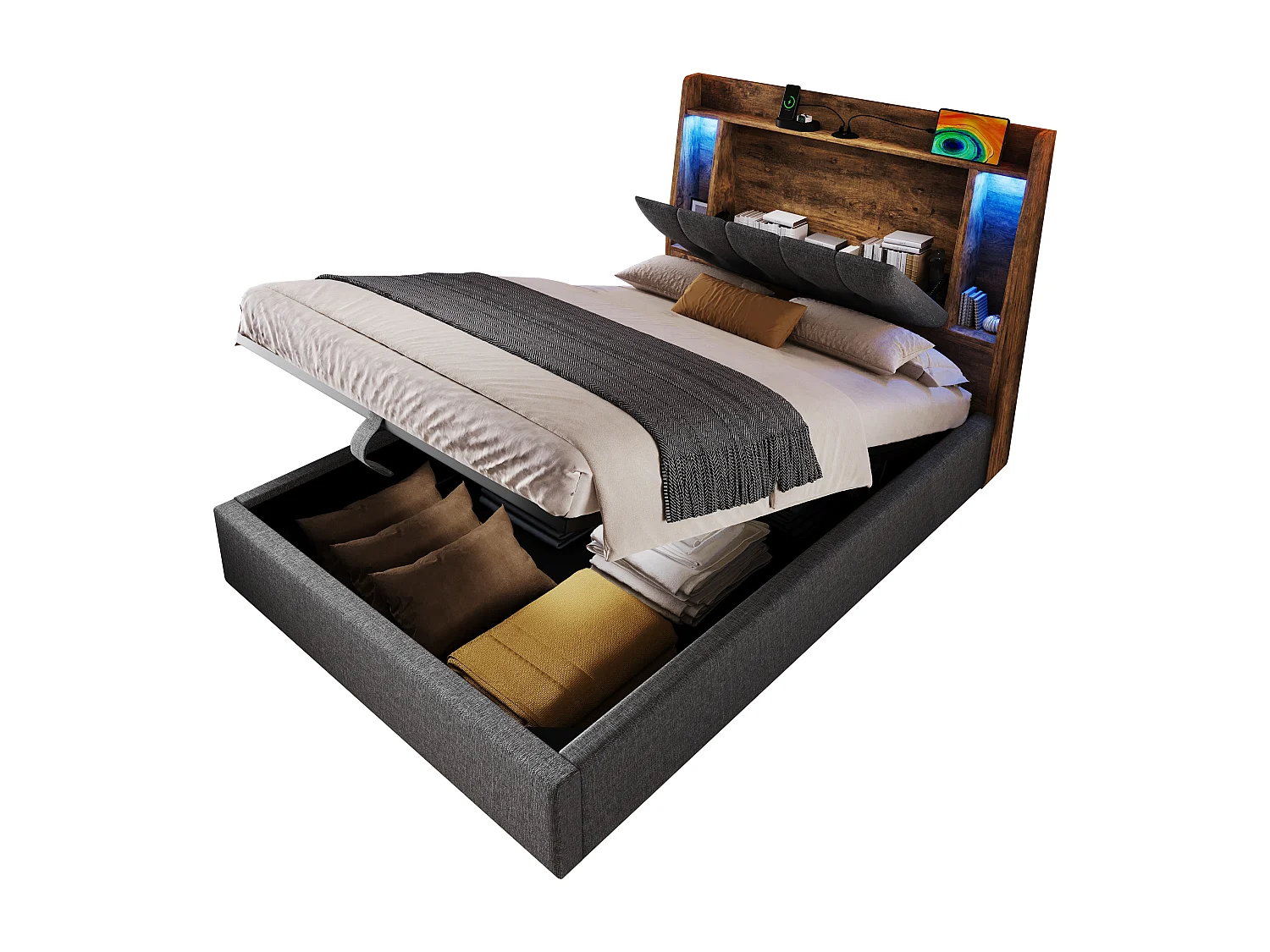 Gepolstertes Bett mit Stauraum – 90 x 200 cm – mit USB-Anschluss, LED-Beleuchtung und Stauraum im Kopfteil – Leinen – grau