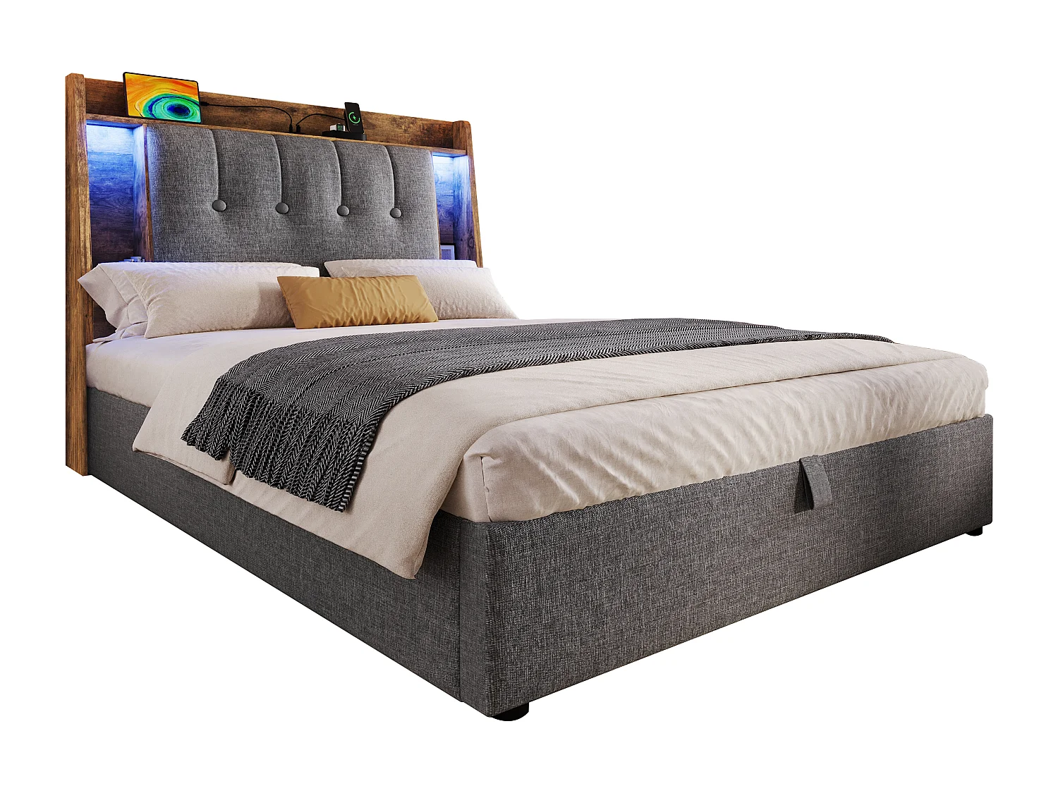 Gepolstertes Bett mit Stauraum – 90 x 200 cm – mit USB-Anschluss, LED-Beleuchtung und Stauraum im Kopfteil – Leinen – grau