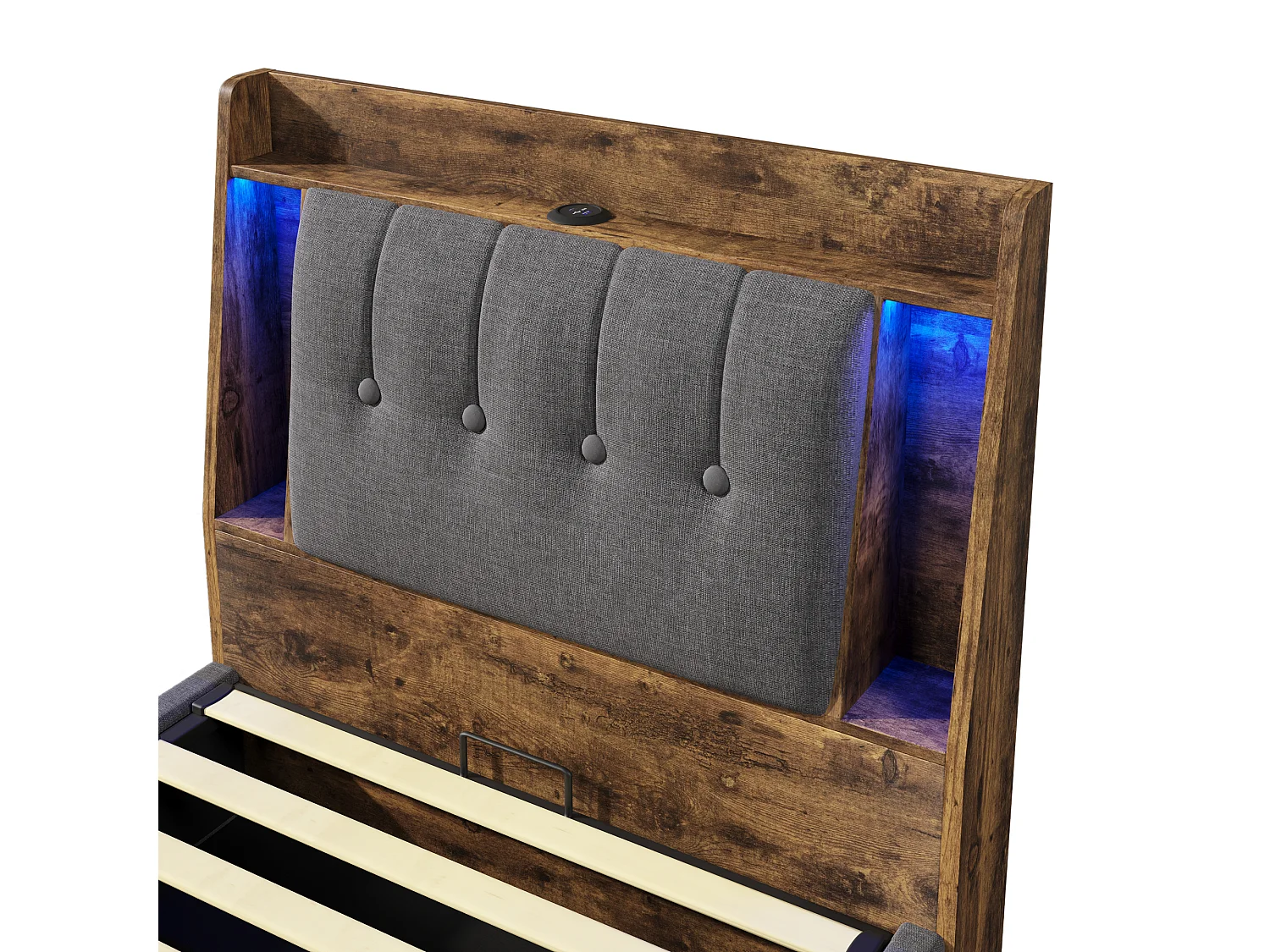 Gepolstertes Bett mit Stauraum – 90 x 200 cm – mit USB-Anschluss, LED-Beleuchtung und Stauraum im Kopfteil – Leinen – grau