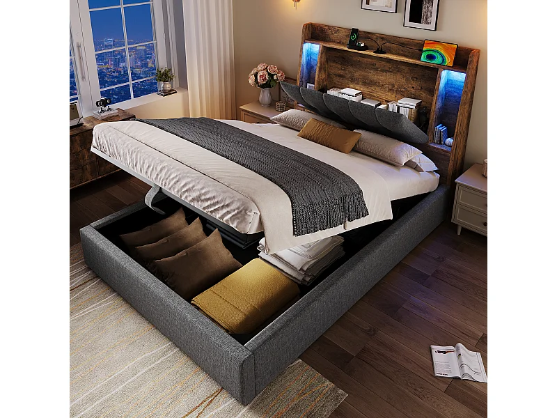 Gepolstertes Bett mit Stauraum – 90 x 200 cm – mit USB-Anschluss, LED-Beleuchtung und Stauraum im Kopfteil – Leinen – grau