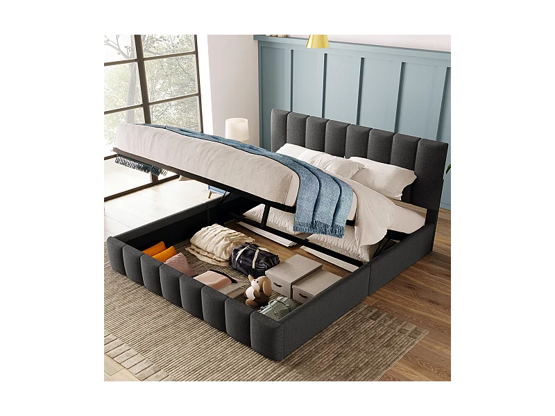 Lit double coffre rembourré - 140 x 200 cm - avec tête de lit réglable + sommier à lattes métalliques - lin - gris