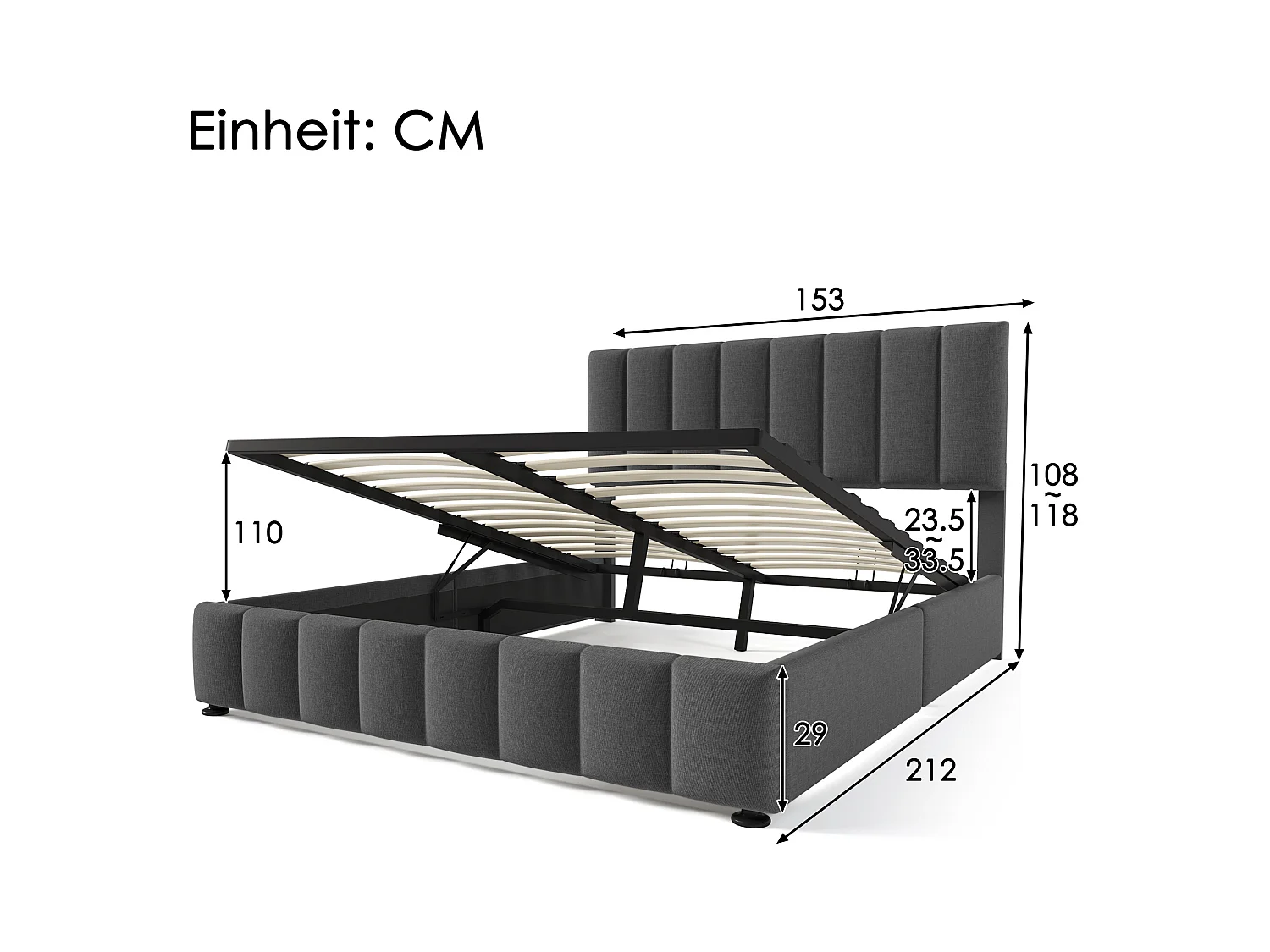 Cama de casal estofada com arrumação - 140 x 200 cm - com cabeceira ajustável + estrado de ripas metálicas - linho - cinza