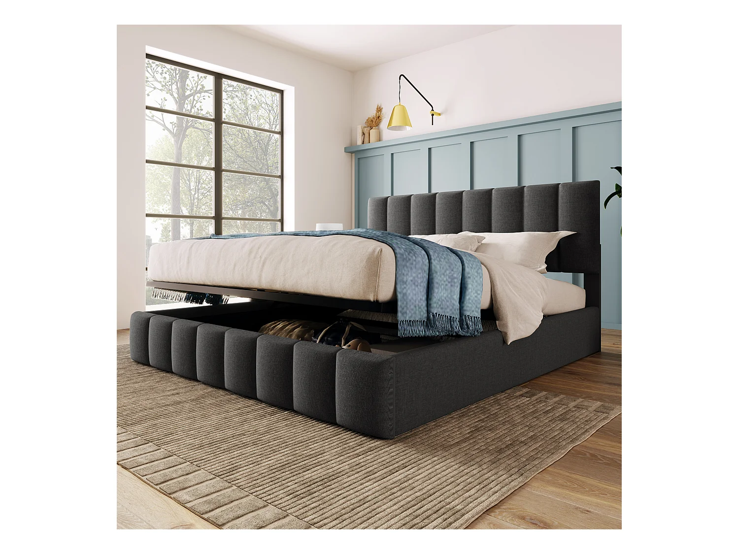 Cama de casal estofada com arrumação - 140 x 200 cm - com cabeceira ajustável + estrado de ripas metálicas - linho - cinza