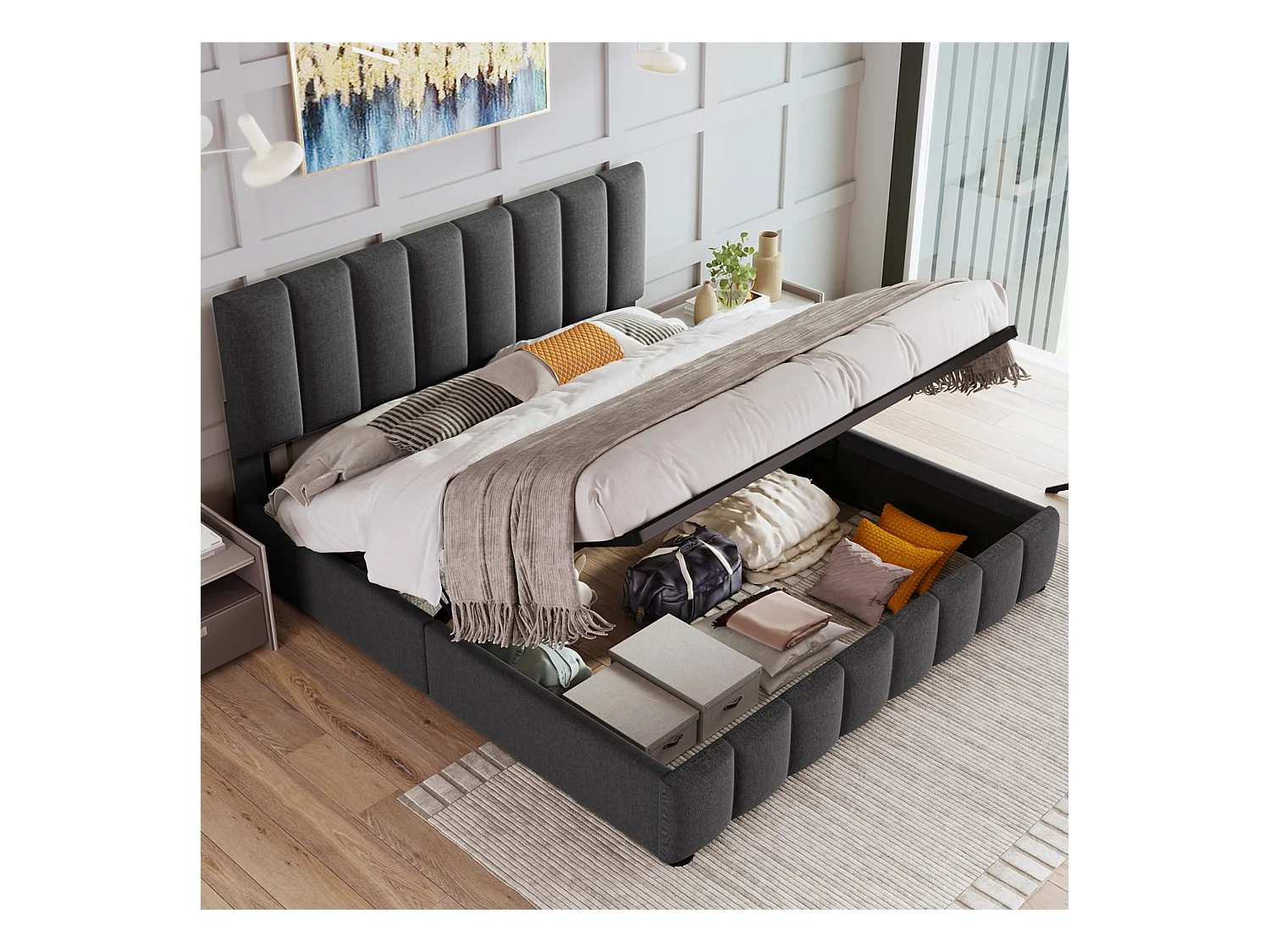 Cama de casal estofada com arrumação - 140 x 200 cm - com cabeceira ajustável + estrado de ripas metálicas - linho - cinza