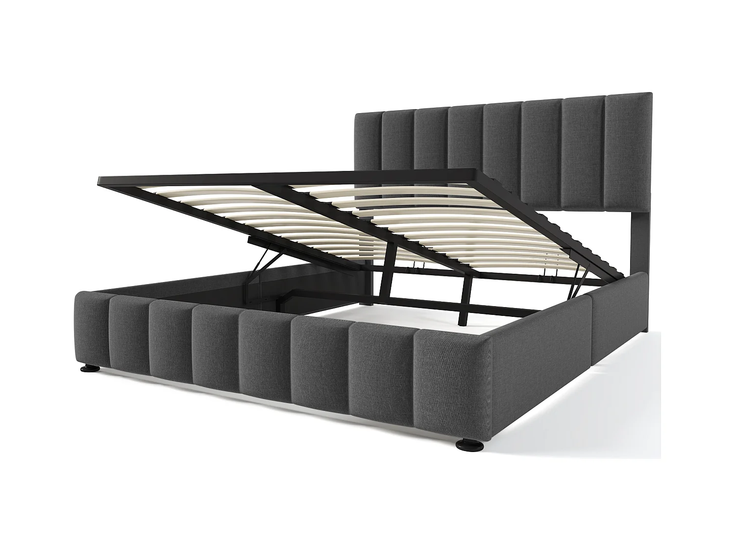 Cama de casal estofada com arrumação - 140 x 200 cm - com cabeceira ajustável + estrado de ripas metálicas - linho - cinza