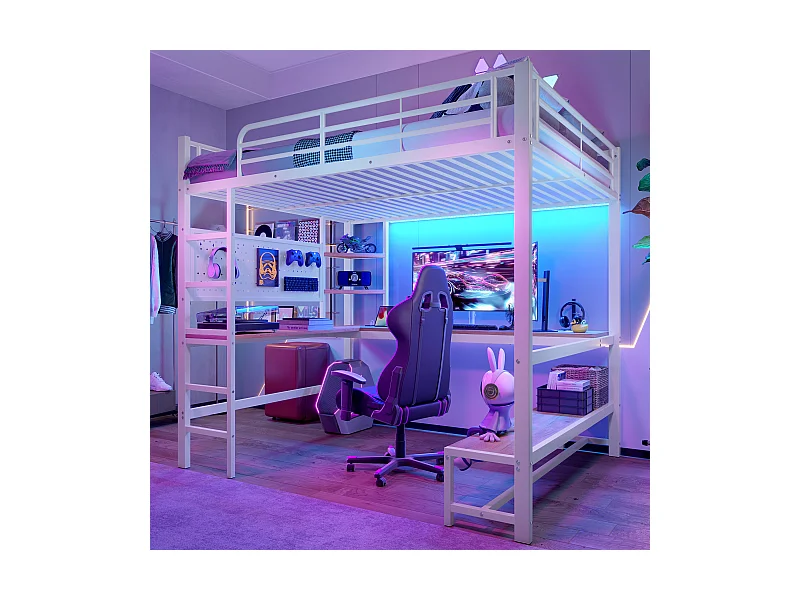 Lit mezzanine pour enfant - 140 x 200 cm - structure en fer - avec bureau + Leds + USB+Type-C - métal + MDF - blanc