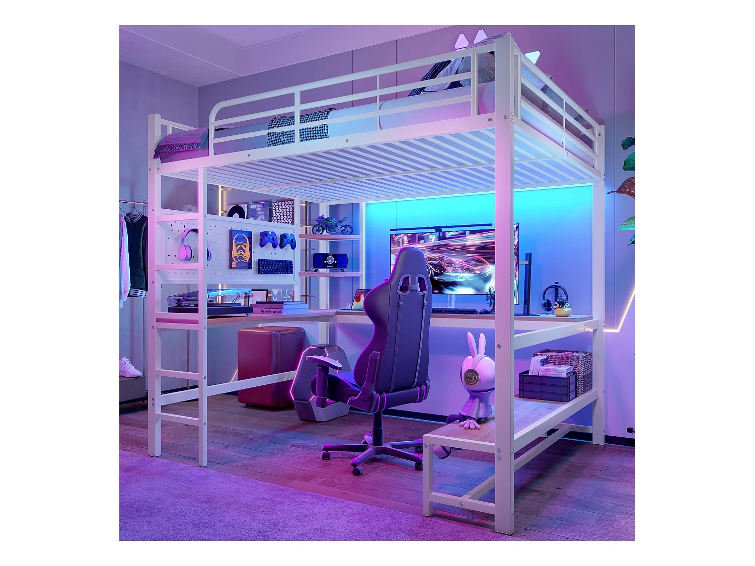 Lit mezzanine pour enfant - 140 x 200 cm - structure en fer - avec bureau + Leds + USB+Type-C - métal + MDF - blanc