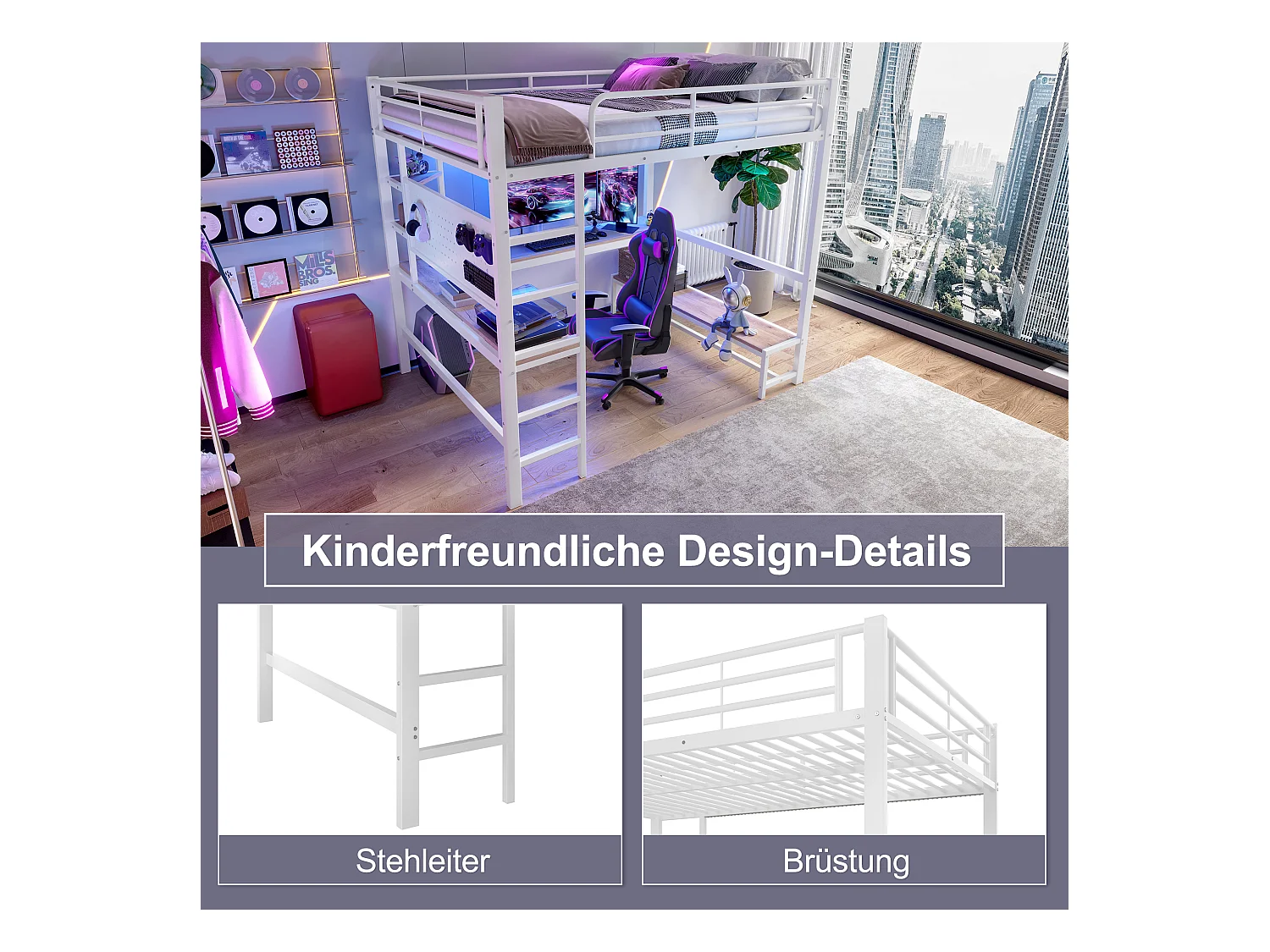 Lit mezzanine pour enfant - 140 x 200 cm - structure en fer - avec bureau + Leds + USB+Type-C - métal + MDF - blanc