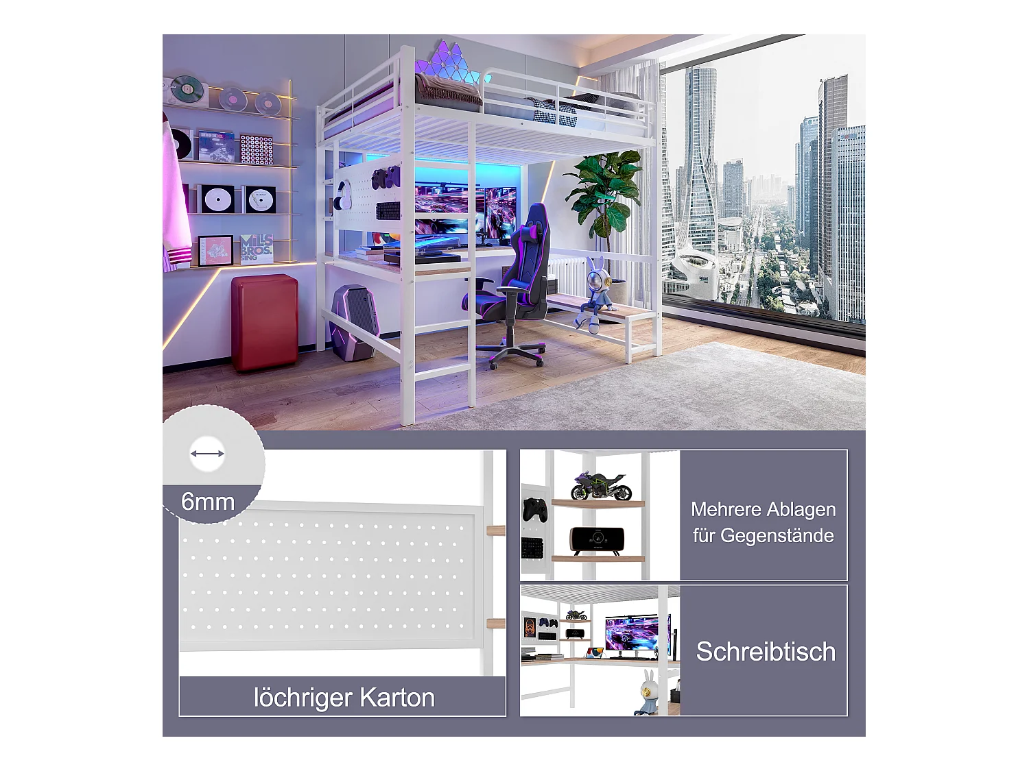 Lit mezzanine pour enfant - 140 x 200 cm - structure en fer - avec bureau + Leds + USB+Type-C - métal + MDF - blanc