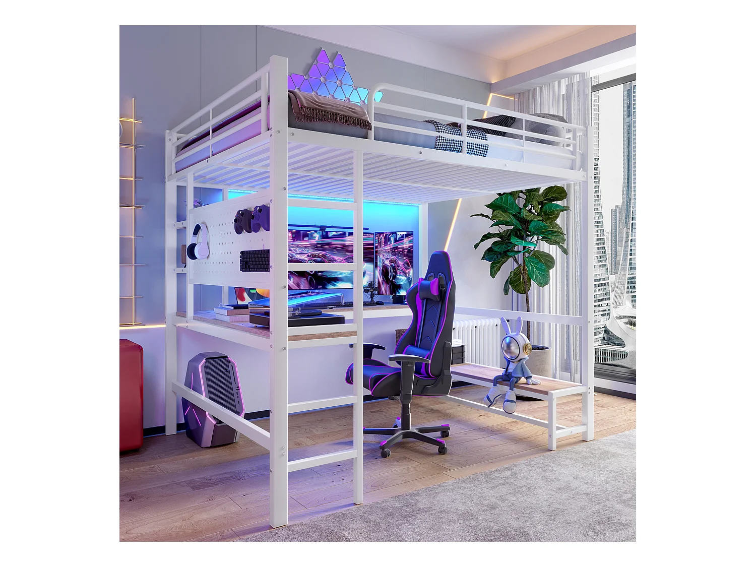 Lit mezzanine pour enfant - 140 x 200 cm - structure en fer - avec bureau + Leds + USB+Type-C - métal + MDF - blanc