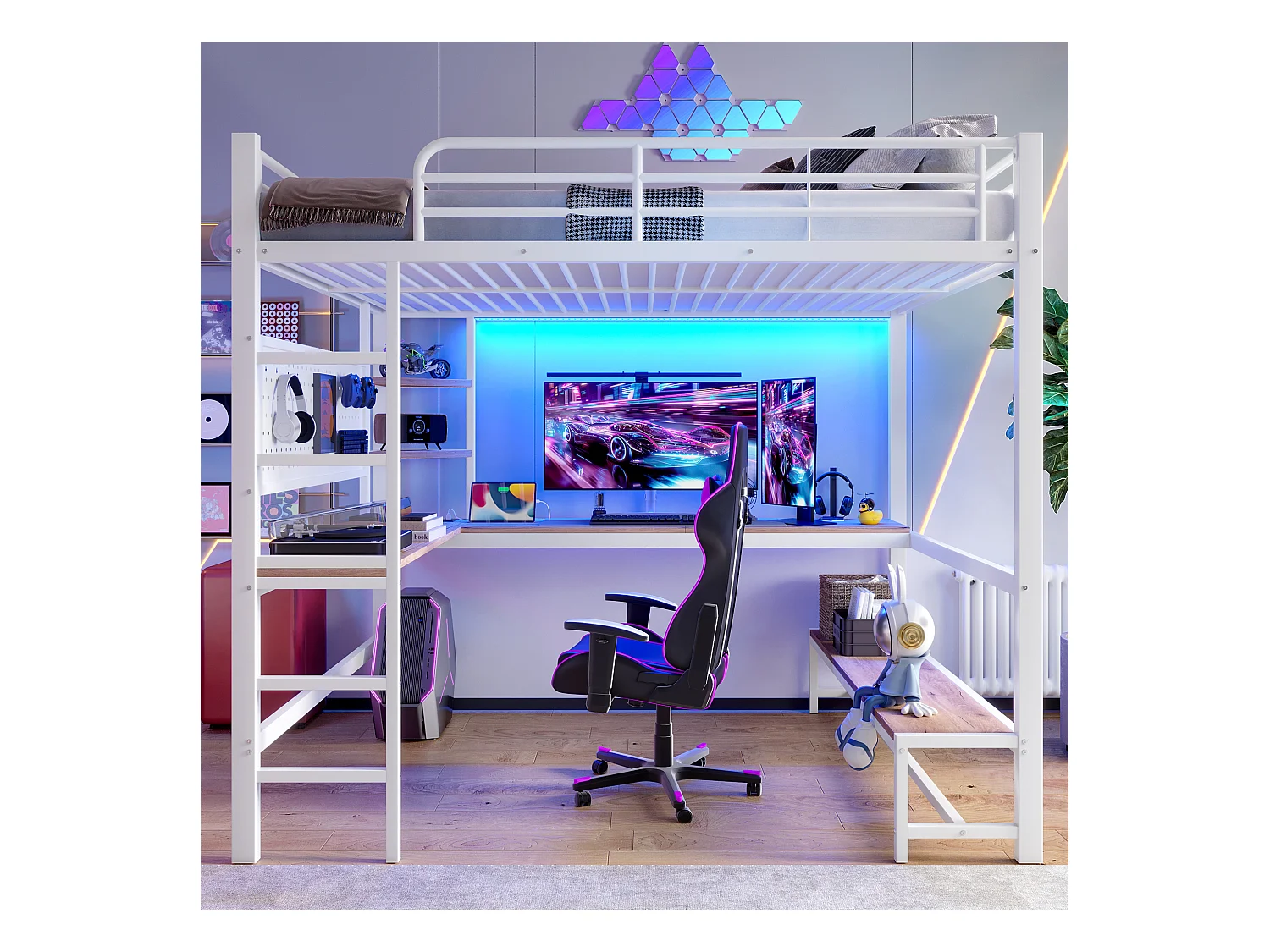 Lit mezzanine pour enfant - 140 x 200 cm - structure en fer - avec bureau + Leds + USB+Type-C - métal + MDF - blanc