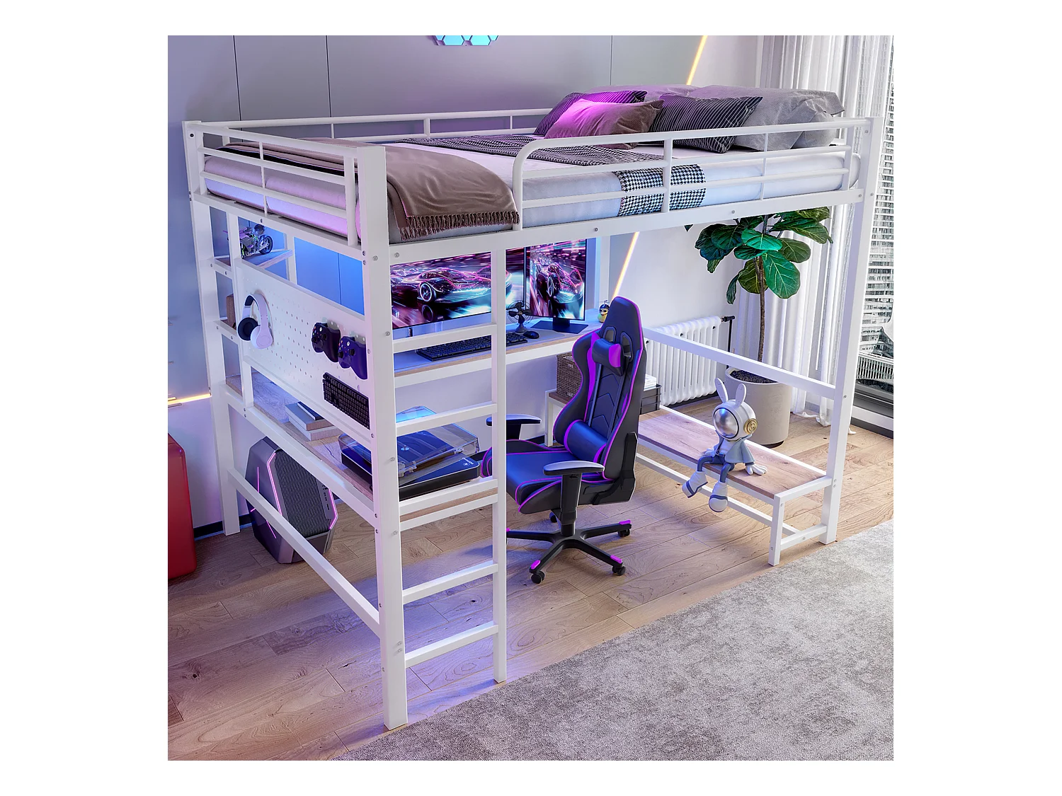 Lit mezzanine pour enfant - 140 x 200 cm - structure en fer - avec bureau + Leds + USB+Type-C - métal + MDF - blanc
