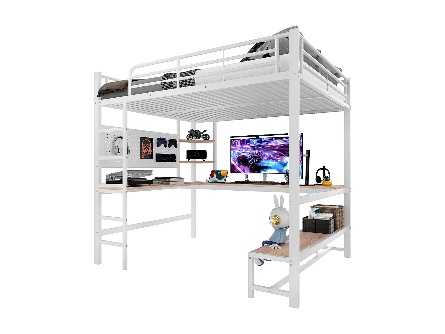 Lit mezzanine pour enfant - 140 x 200 cm - structure en fer - avec bureau + Leds + USB+Type-C - métal + MDF - blanc
