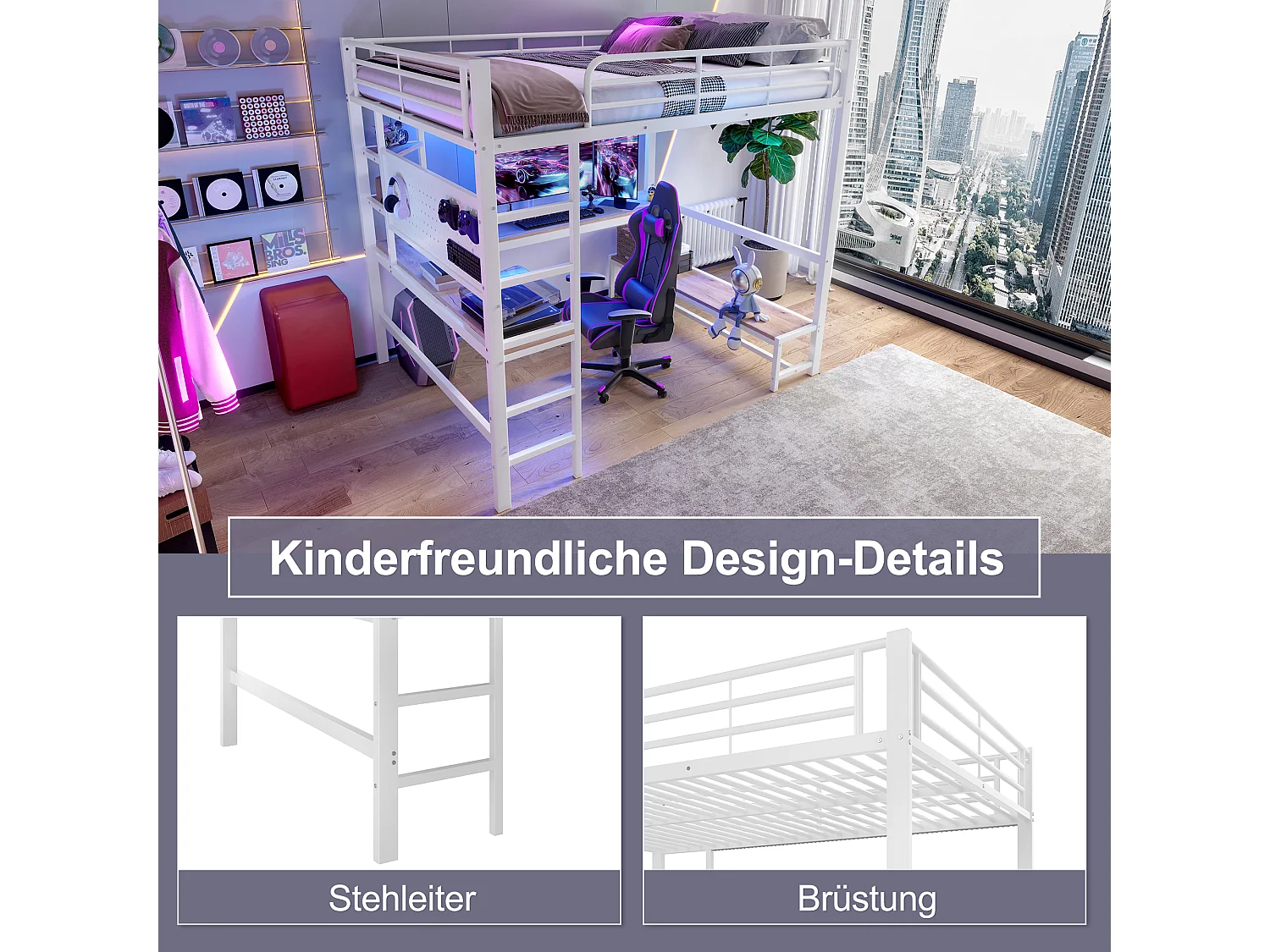 Hochbett für Kinder – 140 x 200 cm – Eisenrahmen – mit Schreibtisch, LED-Beleuchtung, USB- und USB-Anschluss – Metall und MDF – weiß