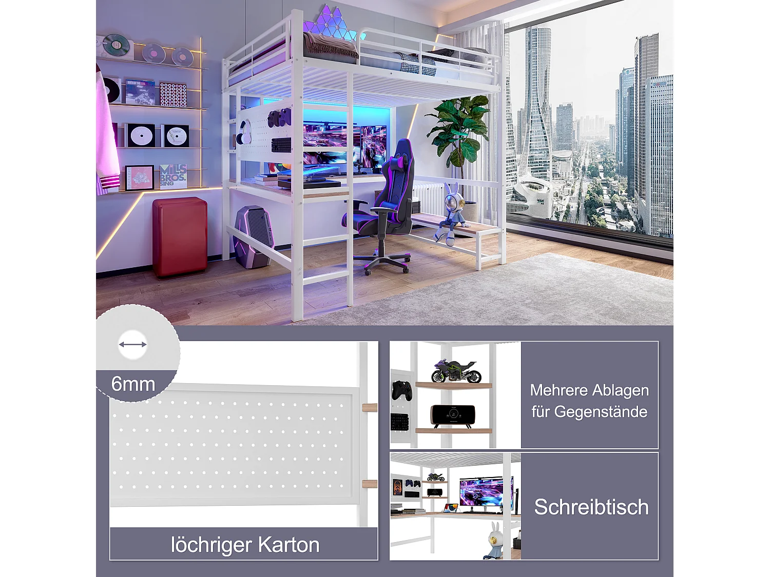 Hochbett für Kinder – 140 x 200 cm – Eisenrahmen – mit Schreibtisch, LED-Beleuchtung, USB- und USB-Anschluss – Metall und MDF – weiß