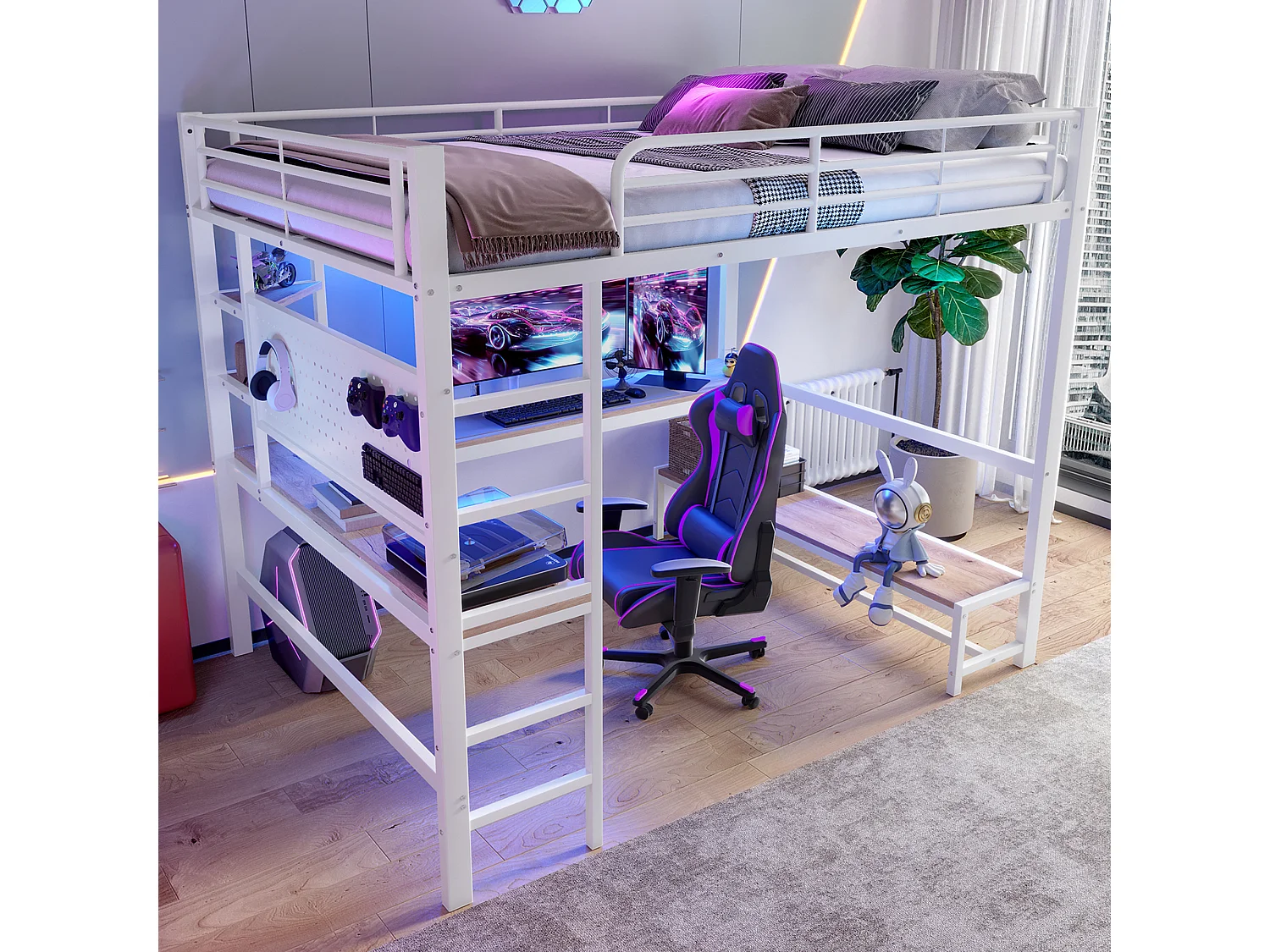 Hochbett für Kinder – 140 x 200 cm – Eisenrahmen – mit Schreibtisch, LED-Beleuchtung, USB- und USB-Anschluss – Metall und MDF – weiß