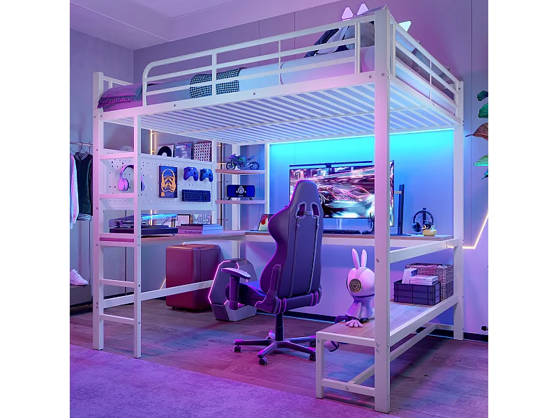 Kinderhoogslaper - 140 x 200 cm - ijzeren frame - met bureau + LED's + USB + Type-C - metaal + MDF - wit