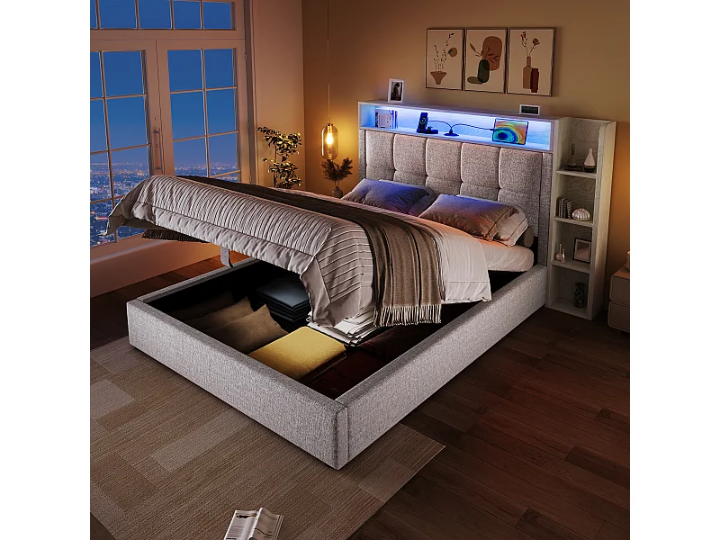 Lit coffre rembourré - 90 x 200 cm - avec USB + Leds + tête de lit + étagère de rangement - lin - beige