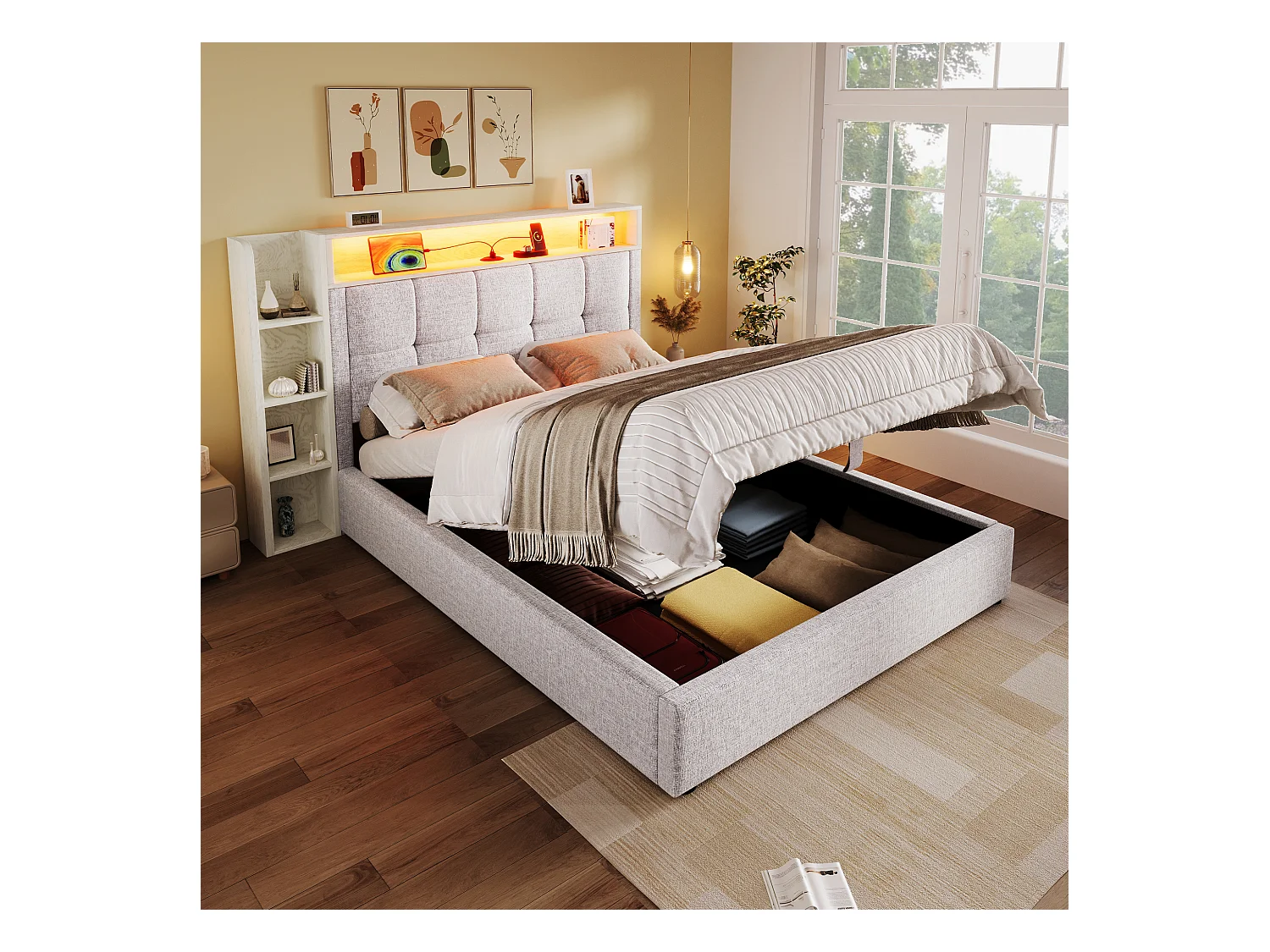 Lit coffre rembourré - 90 x 200 cm - avec USB + Leds + tête de lit + étagère de rangement - lin - beige