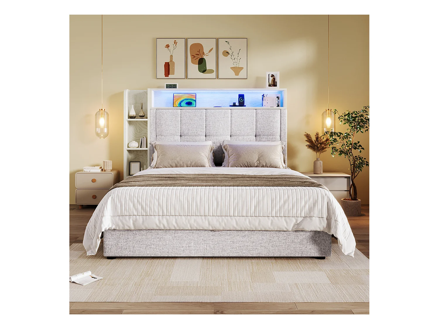 Lit coffre rembourré - 90 x 200 cm - avec USB + Leds + tête de lit + étagère de rangement - lin - beige