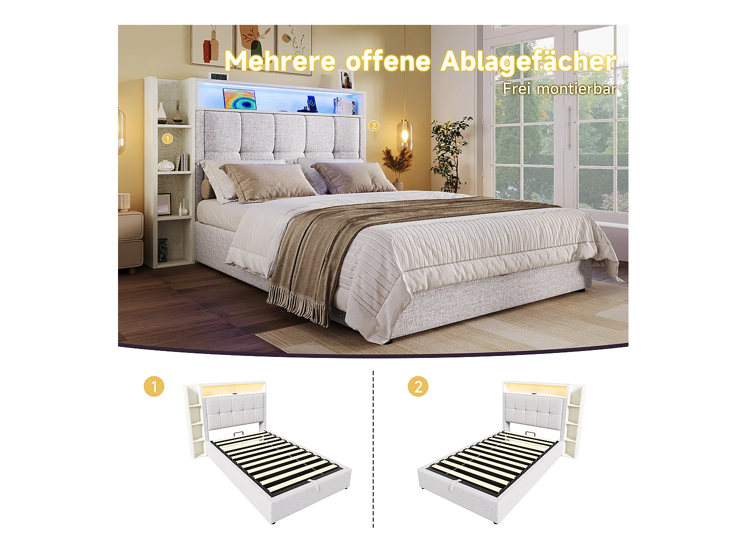 Lit coffre rembourré - 90 x 200 cm - avec USB + Leds + tête de lit + étagère de rangement - lin - beige