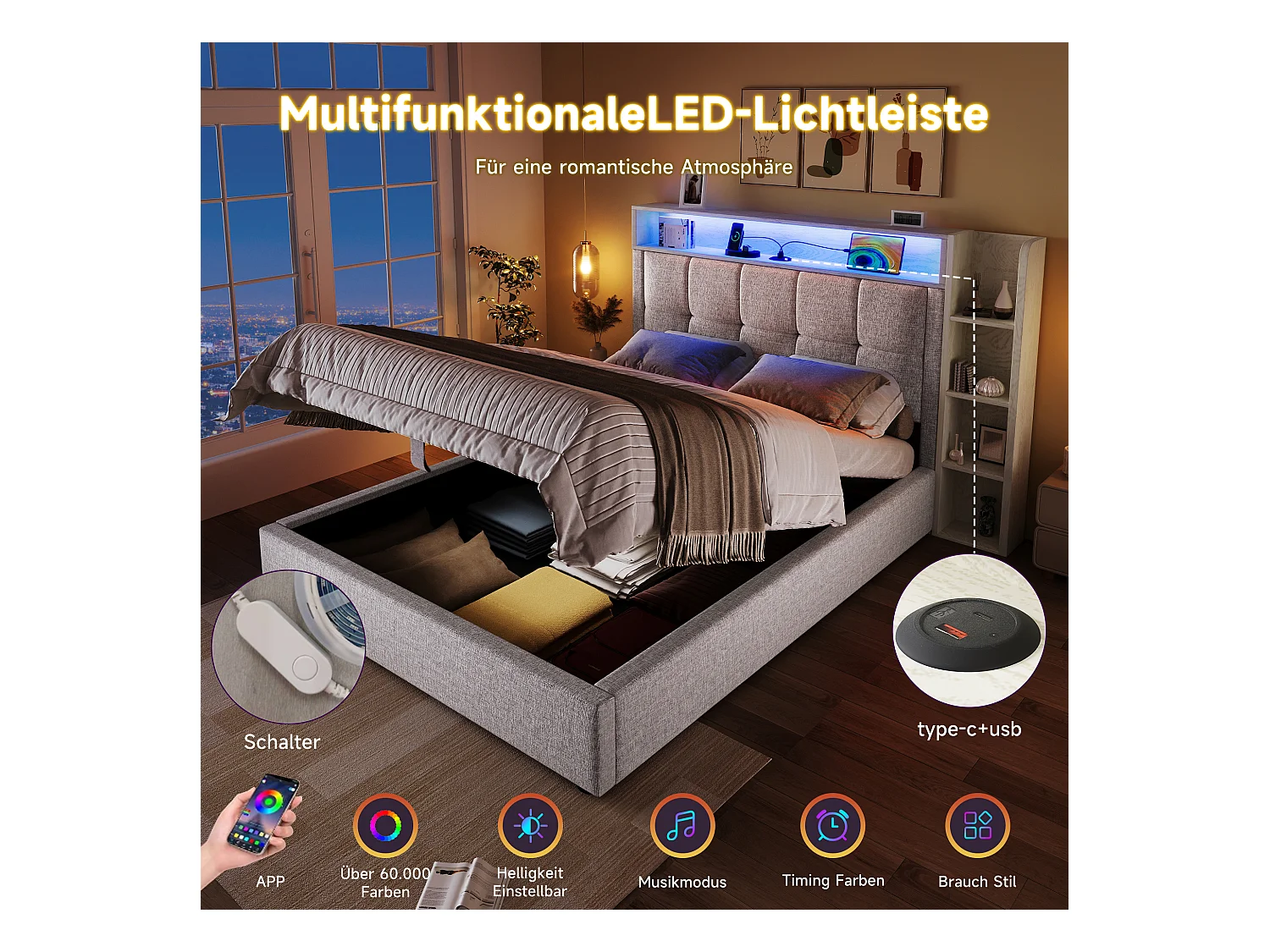 Lit coffre rembourré - 90 x 200 cm - avec USB + Leds + tête de lit + étagère de rangement - lin - beige