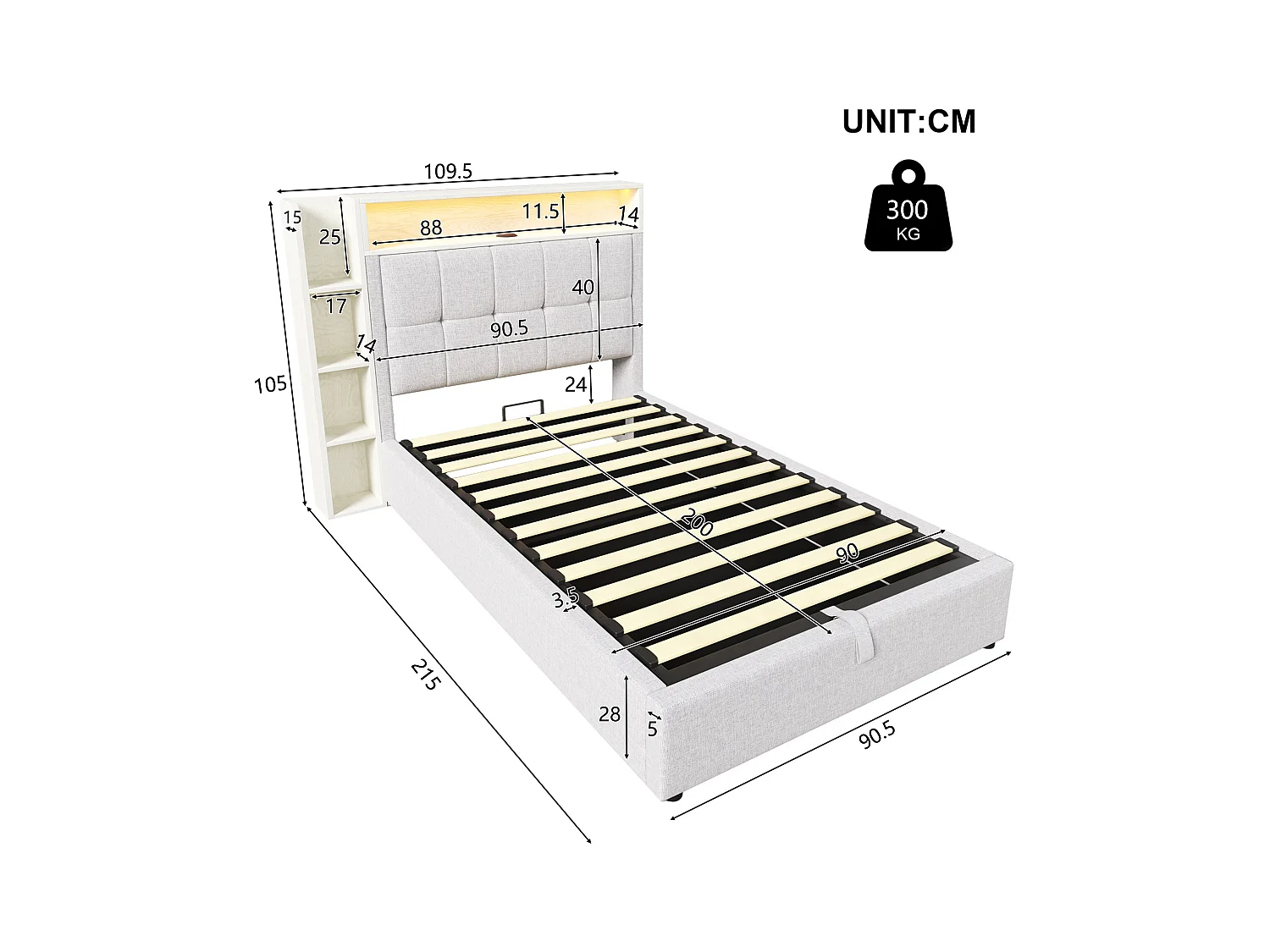 Lit coffre rembourré - 90 x 200 cm - avec USB + Leds + tête de lit + étagère de rangement - lin - beige