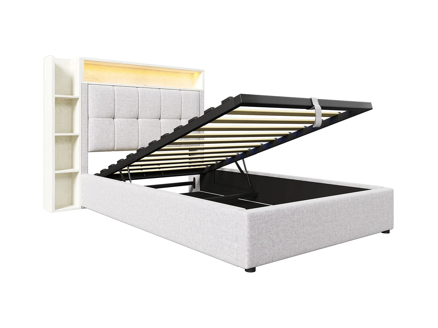 Lit coffre rembourré - 90 x 200 cm - avec USB + Leds + tête de lit + étagère de rangement - lin - beige