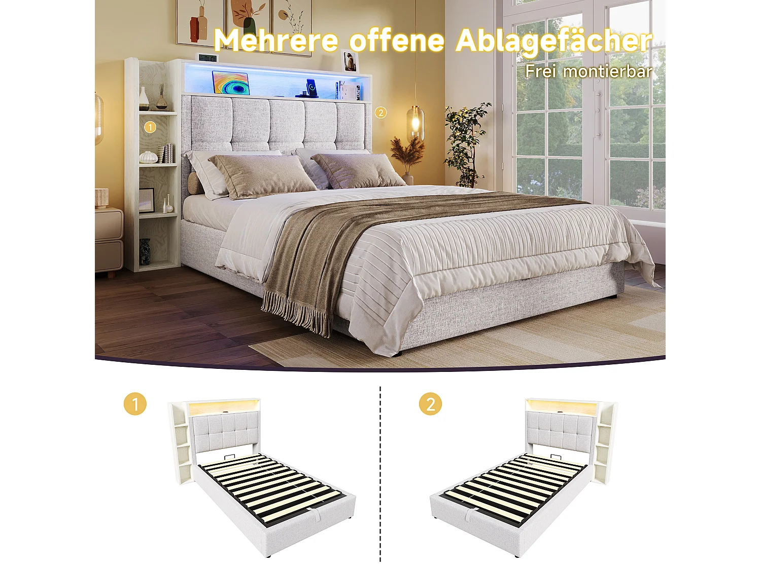 Gepolstertes Stauraumbett – 90 x 200 cm – mit USB-Anschluss, LED-Beleuchtung, Kopfteil und Ablagefach – Leinen – Beige