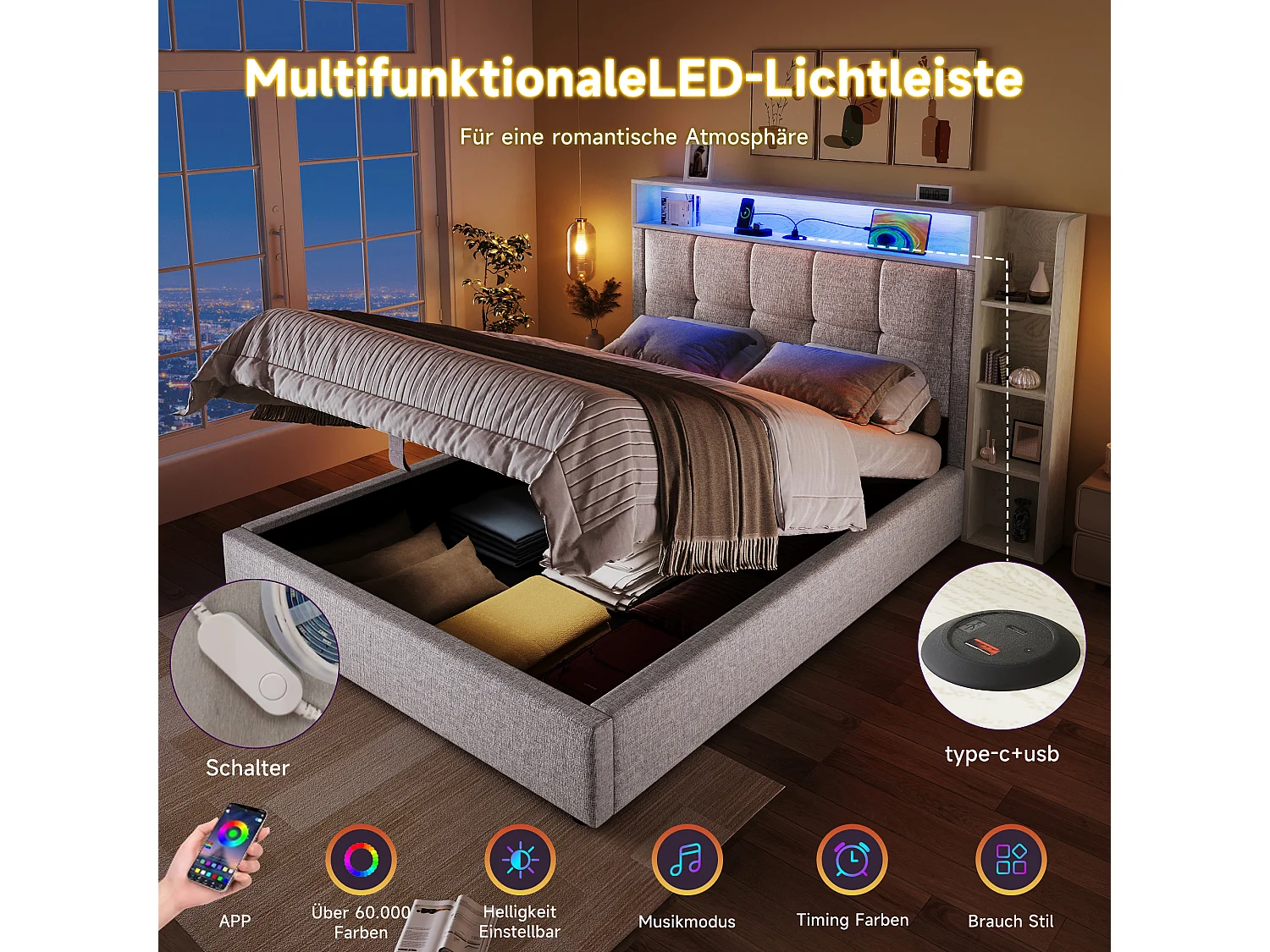 Gepolstertes Stauraumbett – 90 x 200 cm – mit USB-Anschluss, LED-Beleuchtung, Kopfteil und Ablagefach – Leinen – Beige