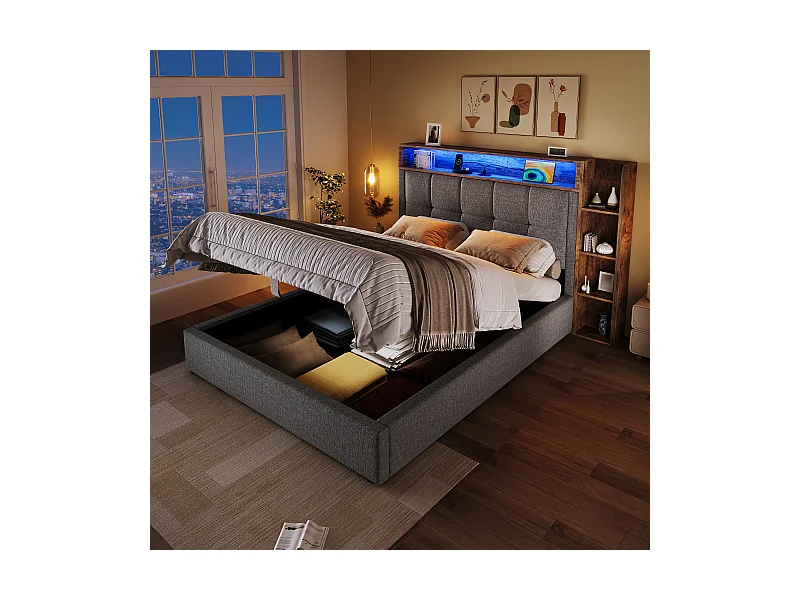 Lit coffre rembourré - 90 x 200 cm - avec USB + Leds + tête de lit + étagère de rangement - lin - gris
