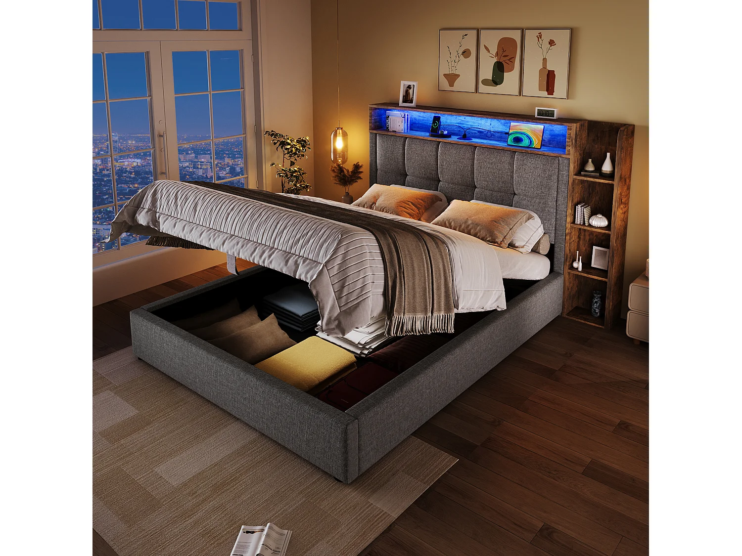Lit coffre rembourré - 90 x 200 cm - avec USB + Leds + tête de lit + étagère de rangement - lin - gris