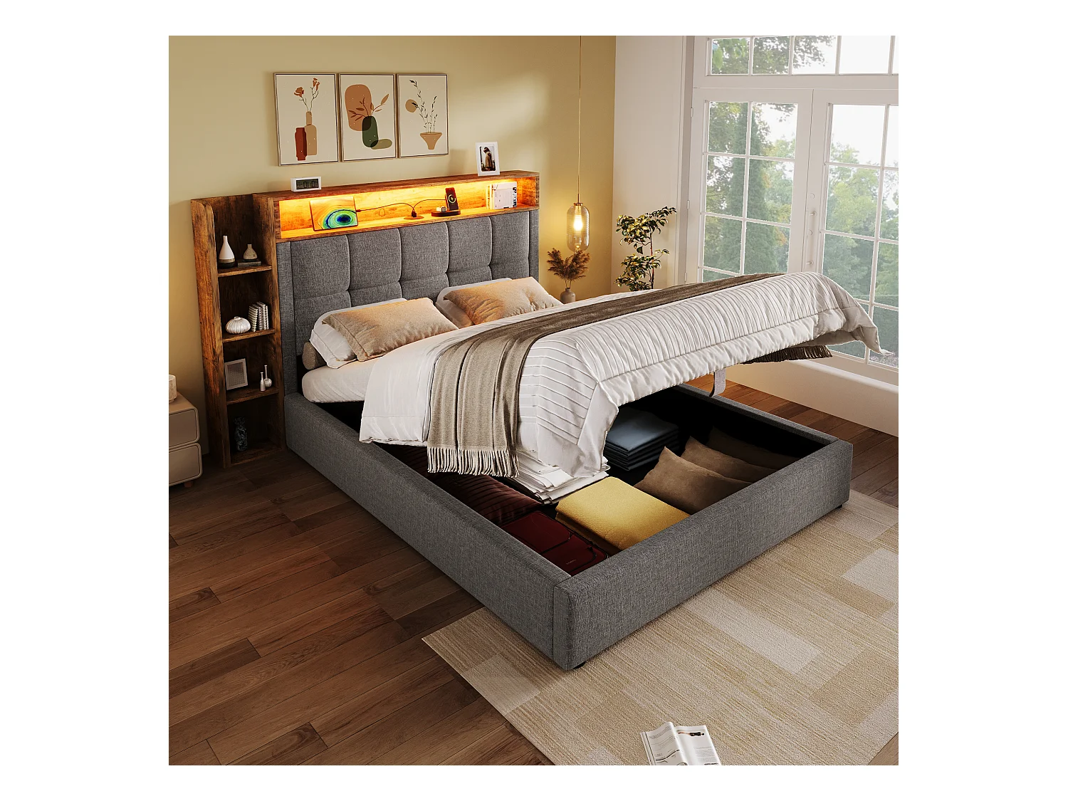 Lit coffre rembourré - 90 x 200 cm - avec USB + Leds + tête de lit + étagère de rangement - lin - gris