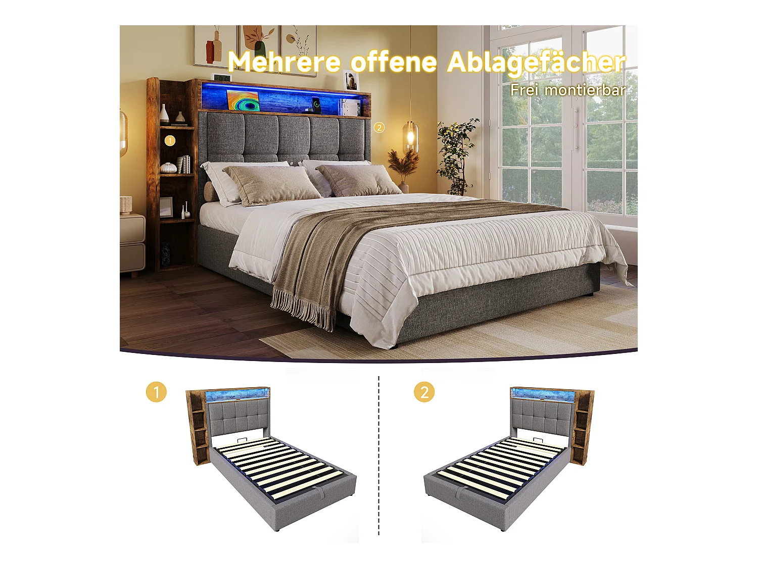Lit coffre rembourré - 90 x 200 cm - avec USB + Leds + tête de lit + étagère de rangement - lin - gris