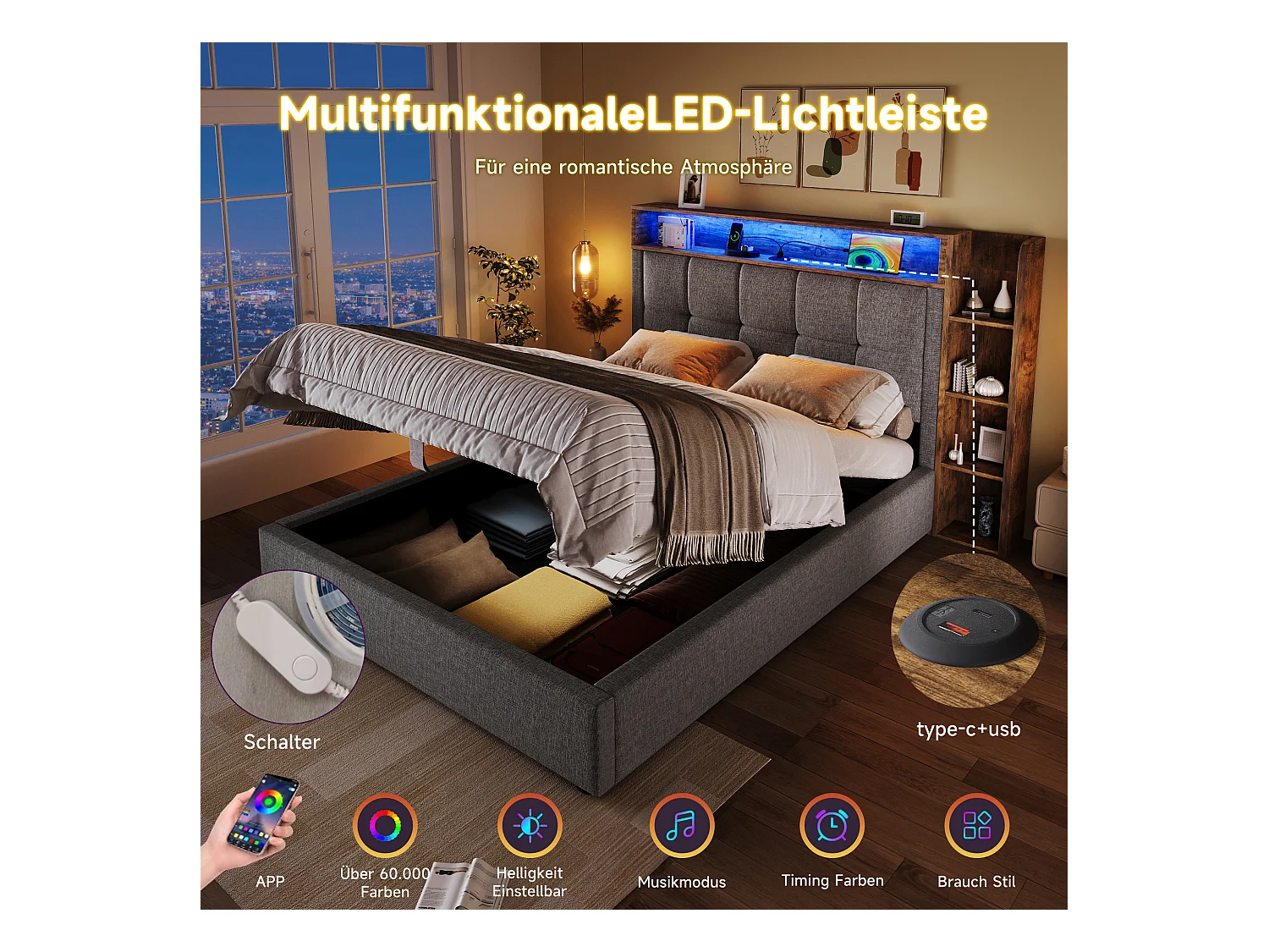 Lit coffre rembourré - 90 x 200 cm - avec USB + Leds + tête de lit + étagère de rangement - lin - gris