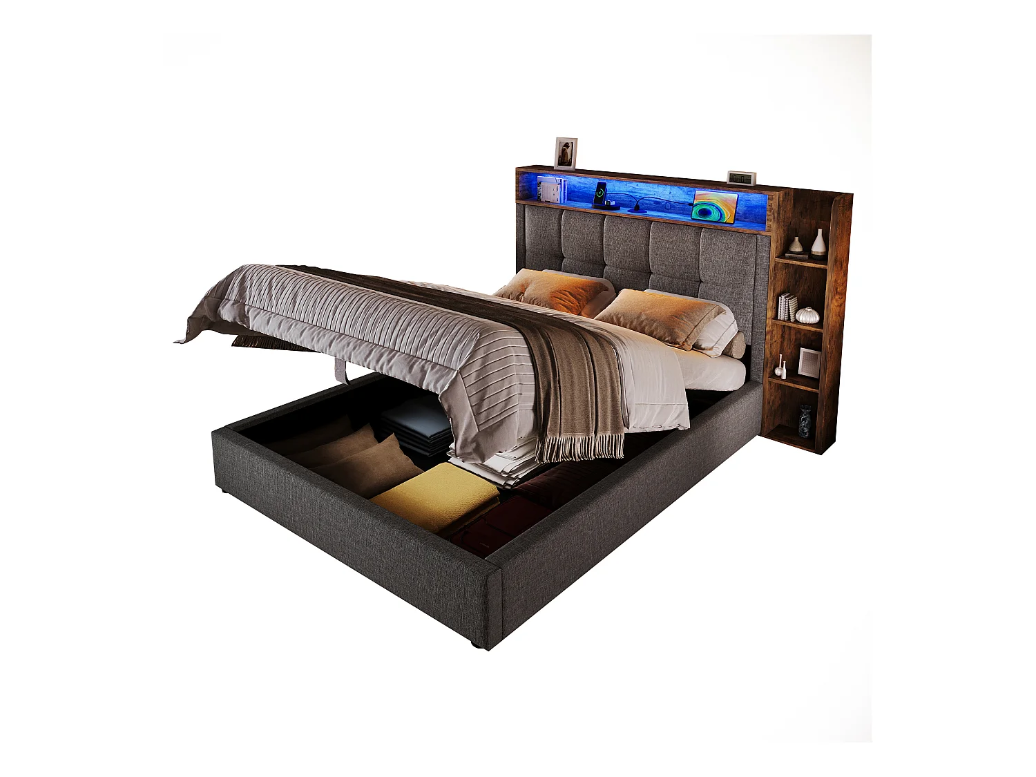 Lit coffre rembourré - 90 x 200 cm - avec USB + Leds + tête de lit + étagère de rangement - lin - gris