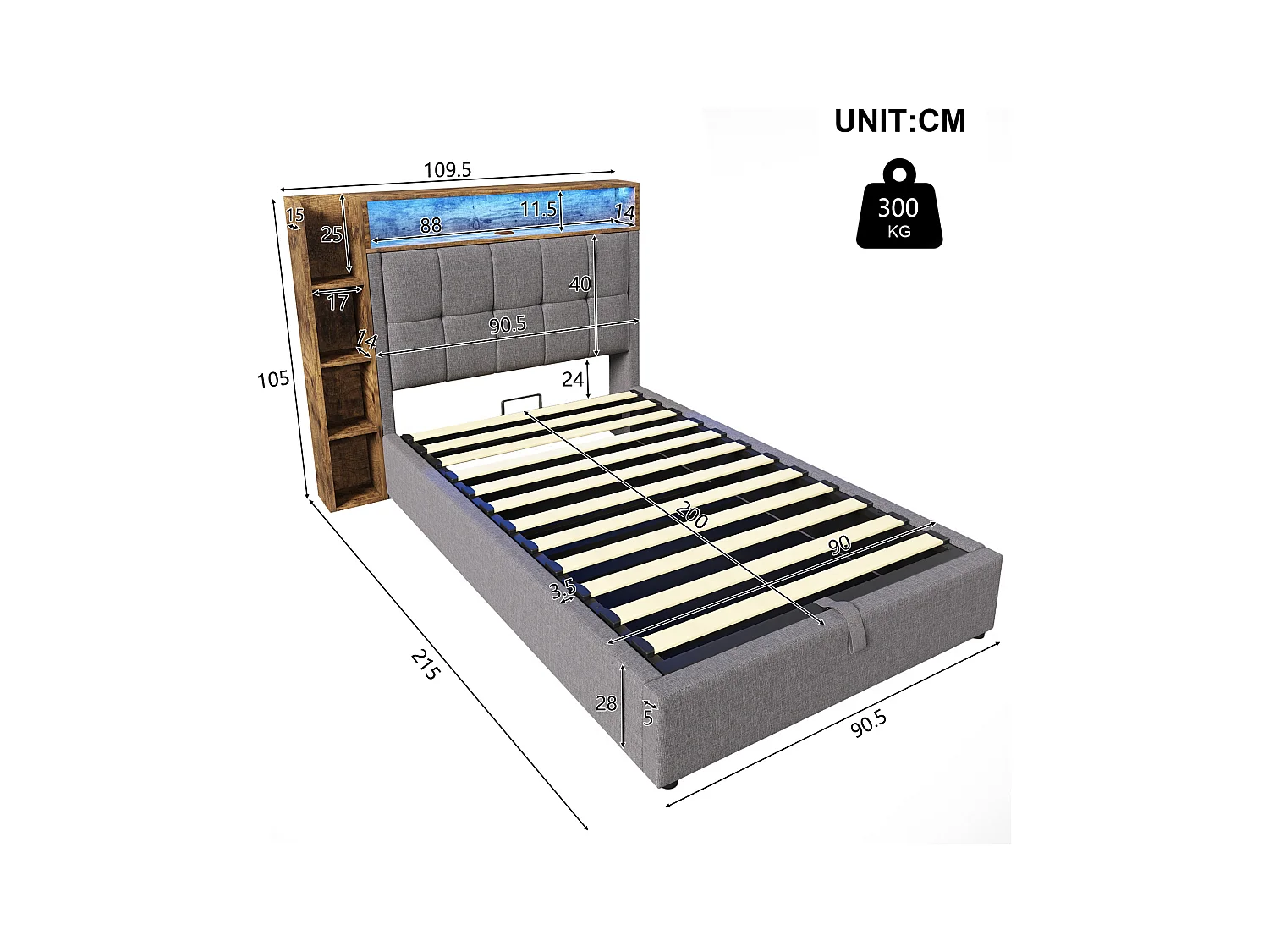 Lit coffre rembourré - 90 x 200 cm - avec USB + Leds + tête de lit + étagère de rangement - lin - gris